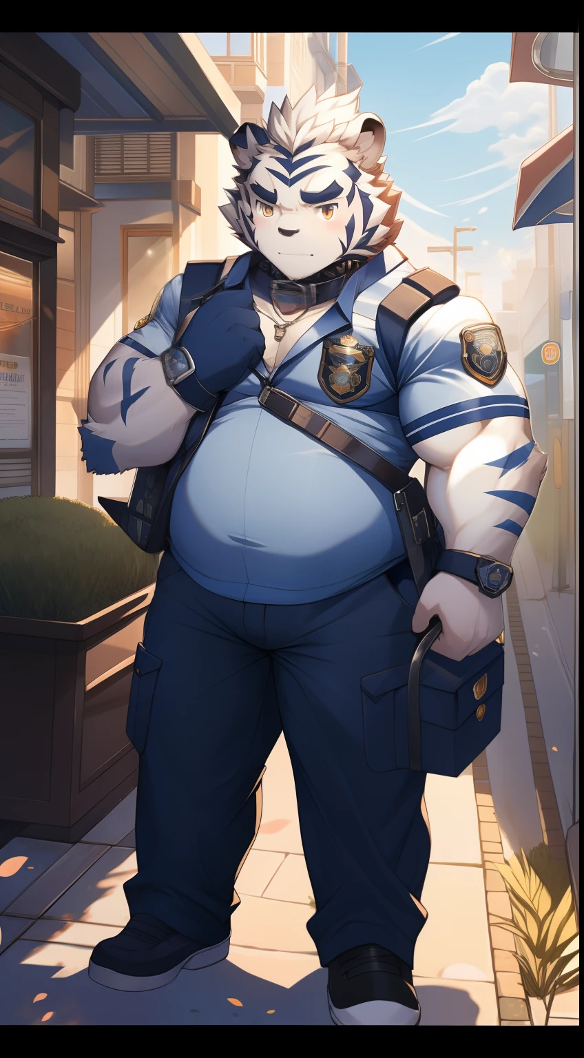 tmasterpiece，Anthropomorphic white tiger，male people，26 year old，Thick eyebrows，White hairs，Strong body，large pecs，Tight navy blue police uniform，The collar is open，Exposing the pectoral muscles，medium bulge，Have on the street，patrol，Mysterious Expression，looking toward the viewer，Golden pupils，Strong，Solo，frontage，Full body photo