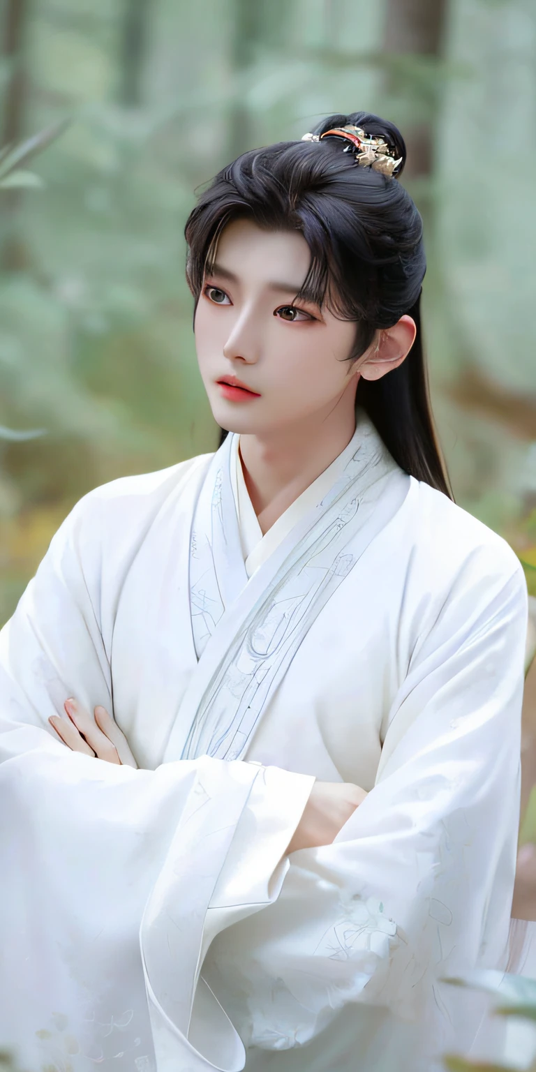 A white-robed Araved woman standing in the forest, Cai Xukun, Inspired by Zhang Han, White Hanfu, Inspired by Seki Dosheng, young wan angel, Beautiful androgynous prince, Delicate androgynous prince, zhao yun, Inspired by Bian Shoumin, inspired by Gu An, heise jinyao, Inspired by Zhao Yuan