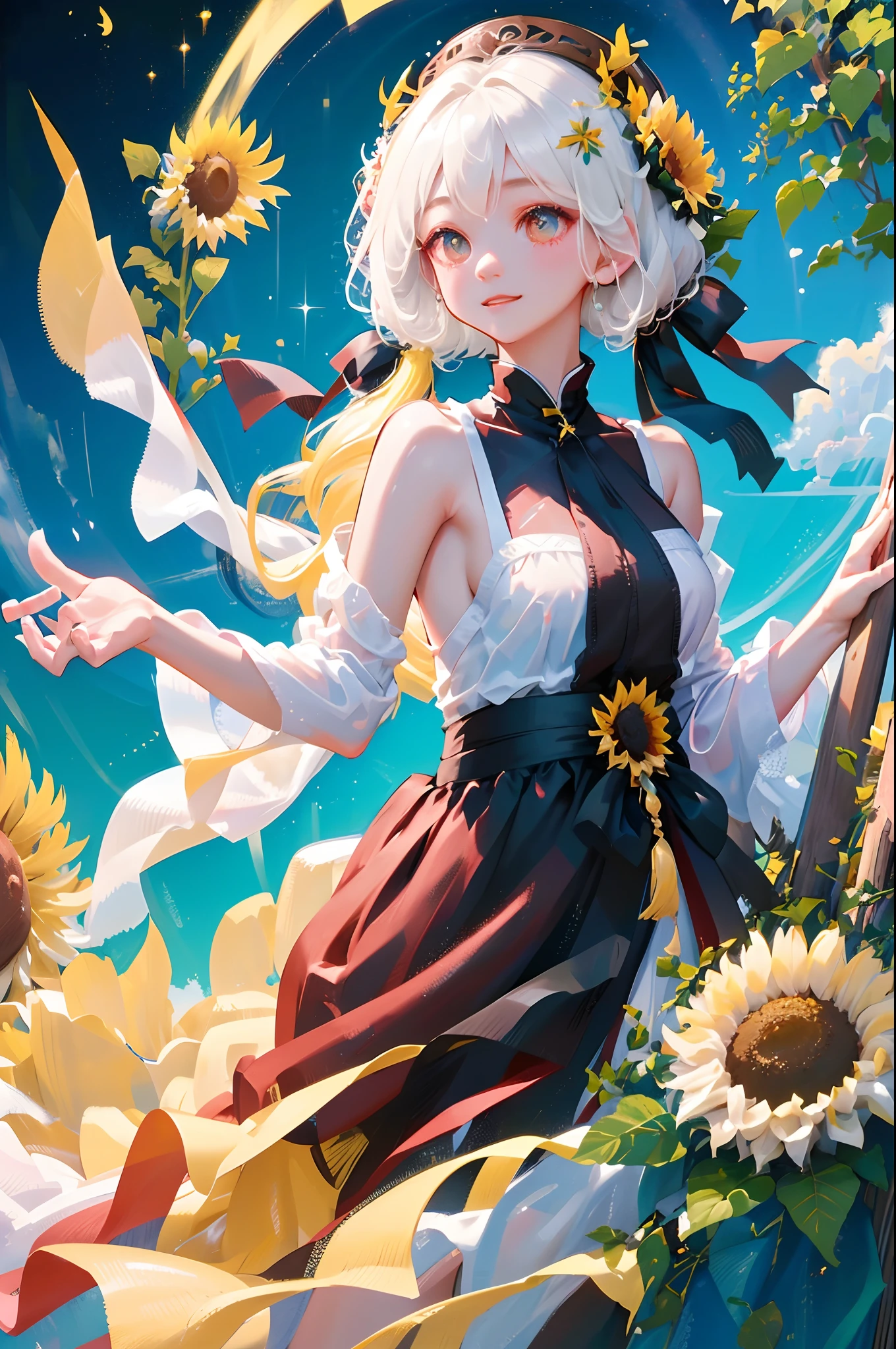 tmasterpiece， high high quality，  one-girl，White hair，Sunflowers are worn on the head， floating in sky，White slip dress，full bodyesbian， Cloud Girl， Clouds， brightly， cheerfulness， intriguing， gentlesoftlighting， （bauhause， Shape， lineworks， abstracted： 1.1）， panda ears，