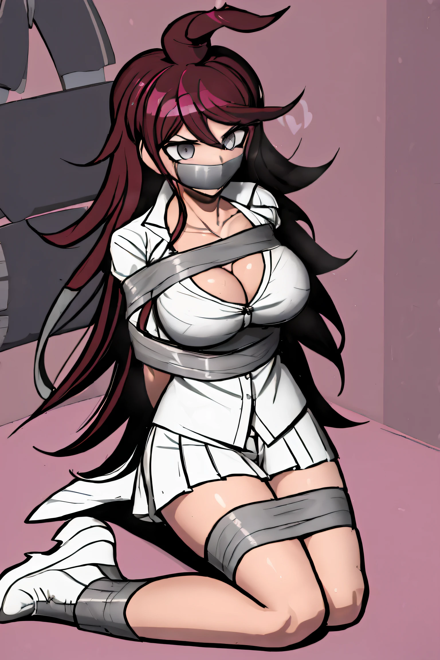 (absurdres, 8k, 4k, masterpiece, hyper extreme detailed:1.2), ((masterpiece,best quality)), absurdres, anime character, girl, female, 1girl, anime character girl person female manga consistent character lora 2d game character girls video game visual novel visual novel character danganronpa gymnast ultimate spike chunsoft danganronpa 3 goodbye despair danganronpa 2 akane owari akane owari, bound, bondage, (arms behind back:1.4), bdsm, tape gag, tape, tape bondage, close-up, restrained, best anatomy, curled up, half body, taped thighs, taped legs, legs together, tape wrapped
