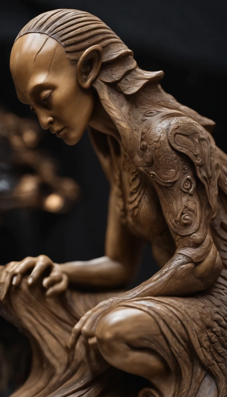 Solid wood combined with stone,Alien sculpture,Works of masters,tmasterpiece,8K