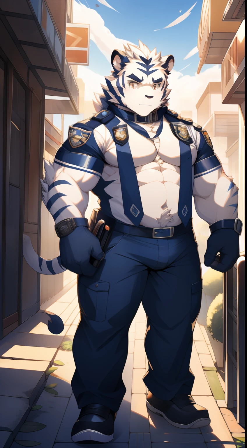 tmasterpiece,Anthropomorphic white tiger,male people,26 year old,Thick eyebrows,White hairs,Strong body,large pecs,Tight navy blue police uniform,The collar is open,Exposing the pectoral muscles,medium bulge,Have on the street,patrol,Mysterious Expression,looking toward the viewer,Golden pupils,Strong,Solo,frontage,Full body photo