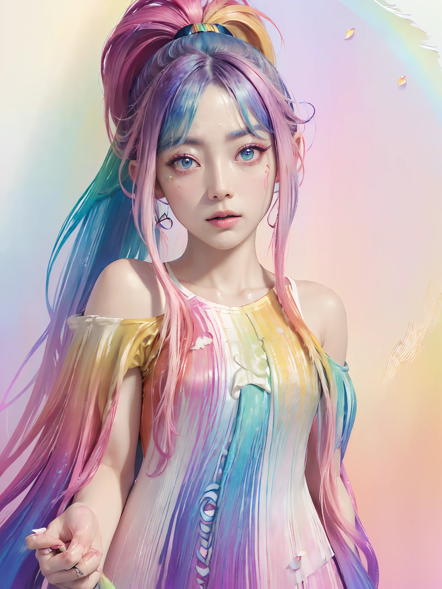 (SFW、masuter piece、Best Quality、masutepiece、top-quality、Top image quality、extremely beautiful lady)、(Pink fashion T-shirt:1.9)、(colourful hair:1.8)、(all the colours of the rainbow:1.8)、((((Vertical Painting:1.6)))、(Painterly:1.6)、frontage、comic strip、illustratio、Painterly、big eye、Sheer eyes、(Iridescent gradient high ponytail:1.7)、Exquisite makeup、Mouth closed、(Small fresh:1.5)、(Wipe Chest:1.6)、long eyeslashes、White off-the-shoulder T-shirt、White shoulder shirt、looking at the spectator、Large watery eyes、(rainbow-colored hair:1.6)、 color splashes, (独奏:1.8), color splashes, Color explosion, Thick paint style, Messy lines, ((Shines)), (colourfull), (colourfull), colourfull, colourfull, Chic paint style, (Splash) (color splashes), Vertical Painting, The upper part of the body, Paint splashes, Acrylic Pigment, gradients, paint, Top image quality, Top image quality, masterpiece, 独奏, depth of fields, facepaint, colourful clothes, (elegent: 1.2), Gorgeous,length hair, the wind, (elegent: 1.3), (flower petals:1.4)、(((masterpiece)))、(((top-quality)))、((ultra-detailliert))、(illustratio)、(dynamic ungle)、((Planktonic))、(paint)、((dishevled hair))、(独奏)、(1girl in)、((Detailed anima face)))、((beautifull detailed face))、collars、bare shoulders、white hair、((colourful hair))、(((striated hair))、beatiful detailed eyes、(Gradient color eyes)、(((Colorful eyes))))、(colorful backdrop))))、((((a high chroma))))、(((Surrounded by colorful splashes)))、