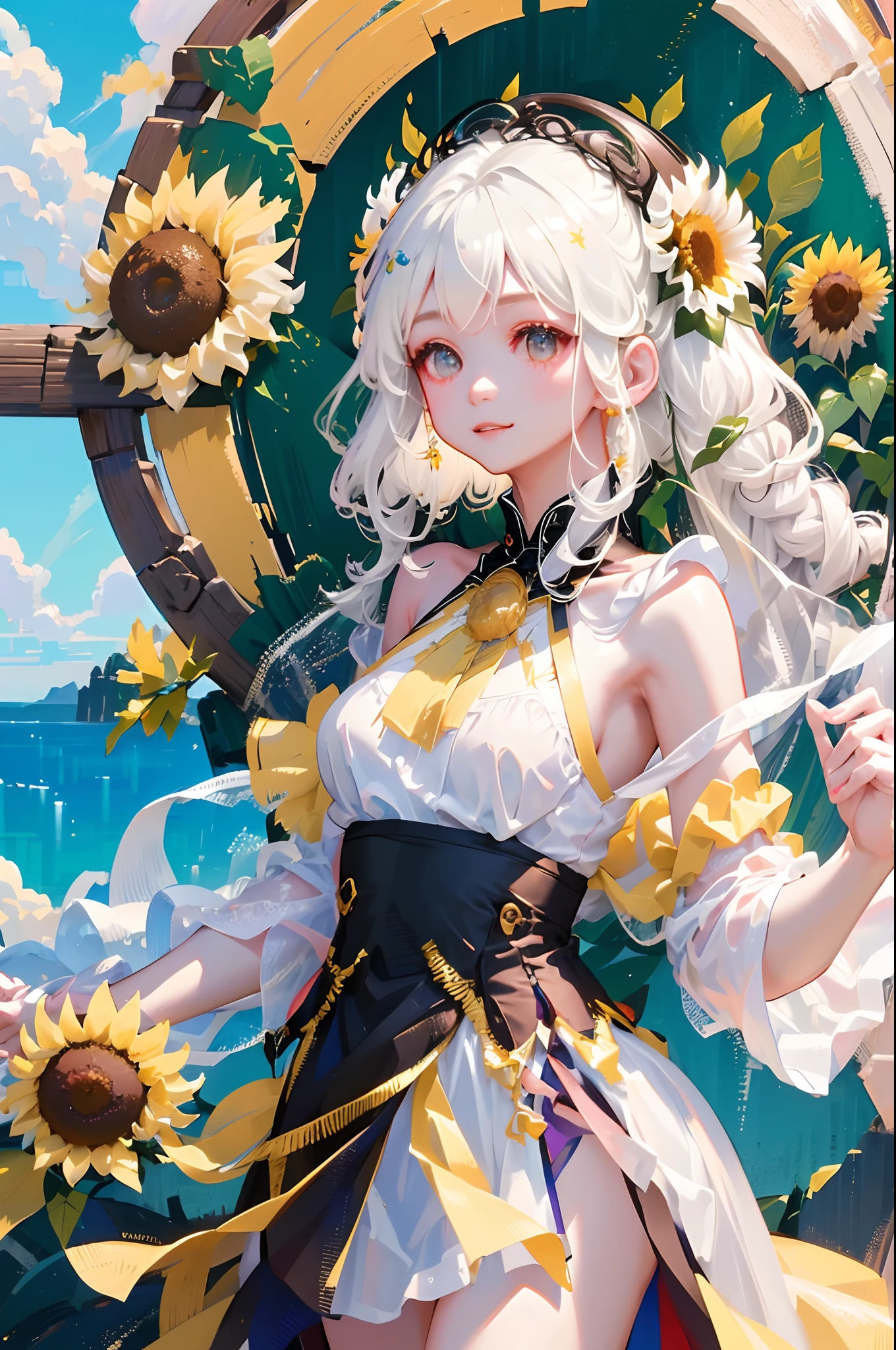 tmasterpiece， high high quality，  one-girl，White hair，Sunflowers are worn on the head， floating in sky，White slip dress，full bodyesbian， Cloud Girl， Clouds， brightly， cheerfulness， intriguing， gentlesoftlighting， （bauhause， Shape， lineworks， abstracted： 1.1）， panda ears，