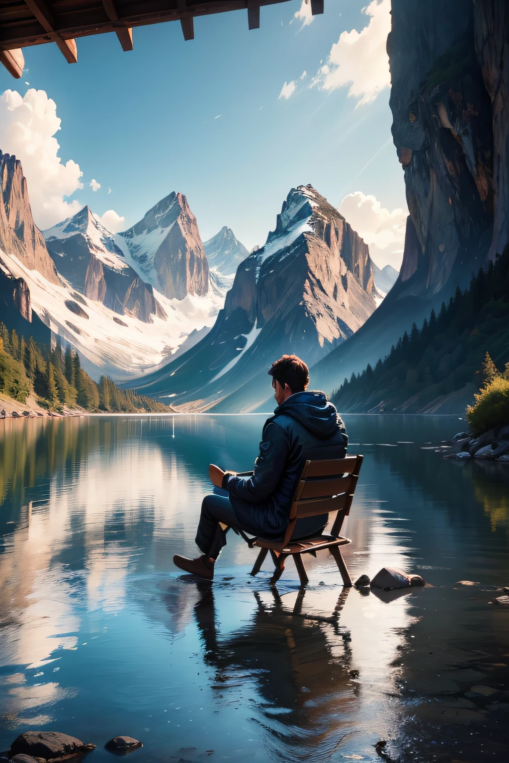 there is a man sitting in a chair in the water, sitting near a river, river in front of him, sitting in front of a lake, river in the background, with mountains in the background, a man sitting on a jetty, with mountains as background, in lake, sitting down, in mountains, lake in the background, connected with hanging bridge, cyberpunk, 8k, 3d, ulttrarealstick,