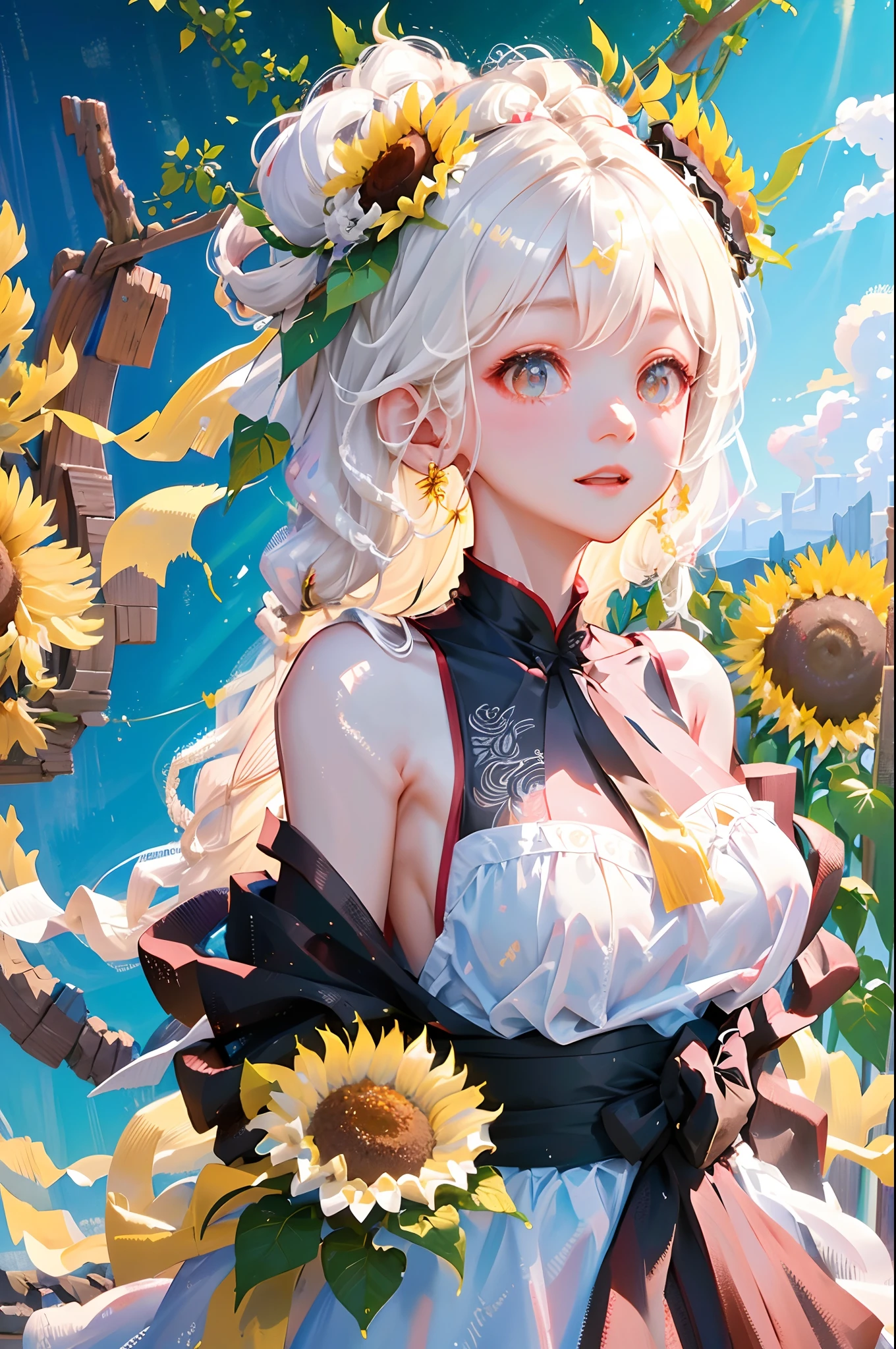 tmasterpiece， high high quality，  one-girl，White hair，Sunflowers are worn on the head， floating in sky，White slip dress，full bodyesbian， Cloud Girl， Clouds， brightly， cheerfulness， intriguing， gentlesoftlighting， （bauhause， Shape， lineworks， abstracted： 1.1）， panda ears，