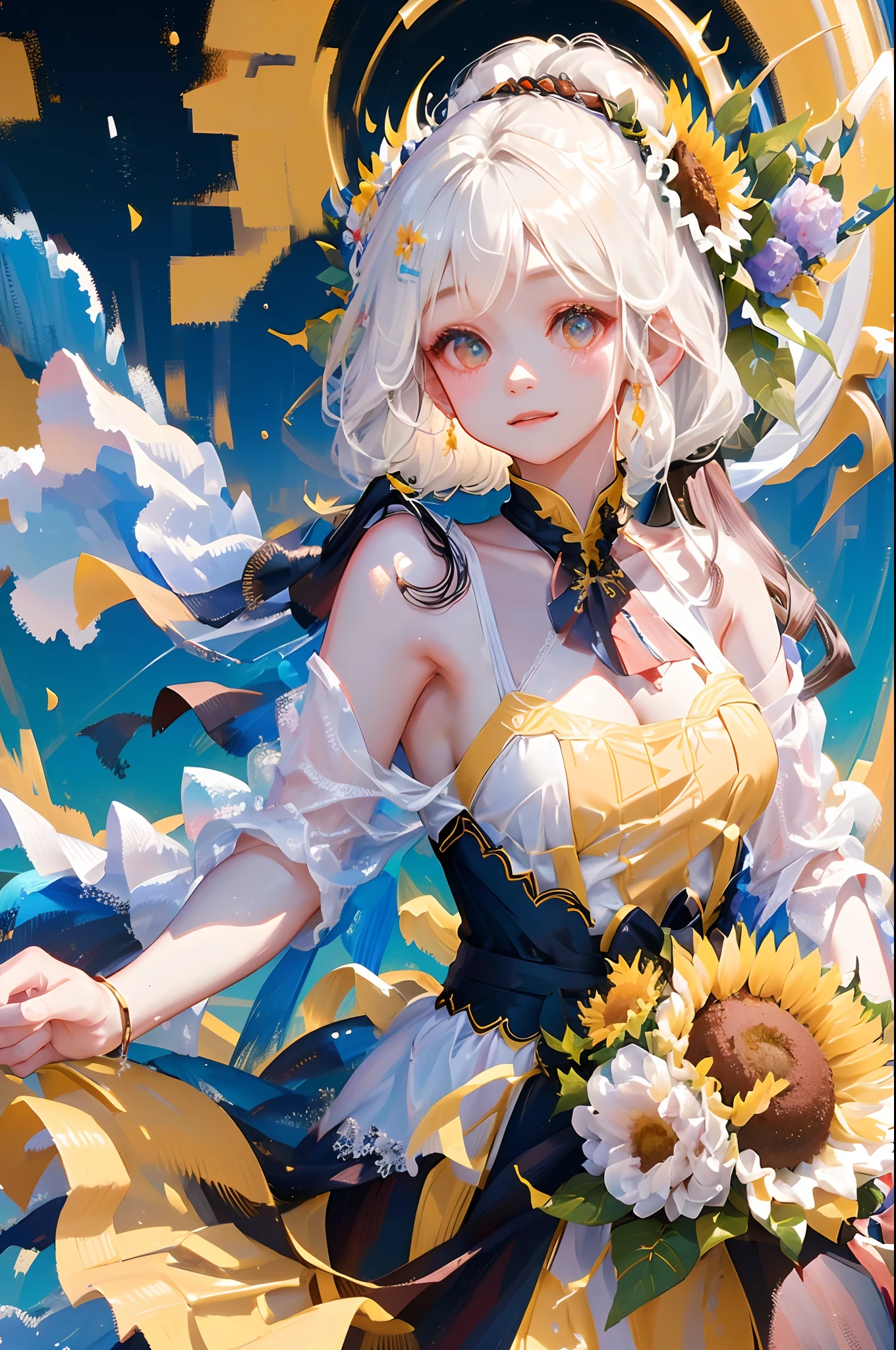 tmasterpiece， high high quality，  one-girl，White hair，Sunflowers are worn on the head， floating in sky，White slip dress，full bodyesbian， Cloud Girl， Clouds， brightly， cheerfulness， intriguing， gentlesoftlighting， （bauhause， Shape， lineworks， abstracted： 1.1）， panda ears，