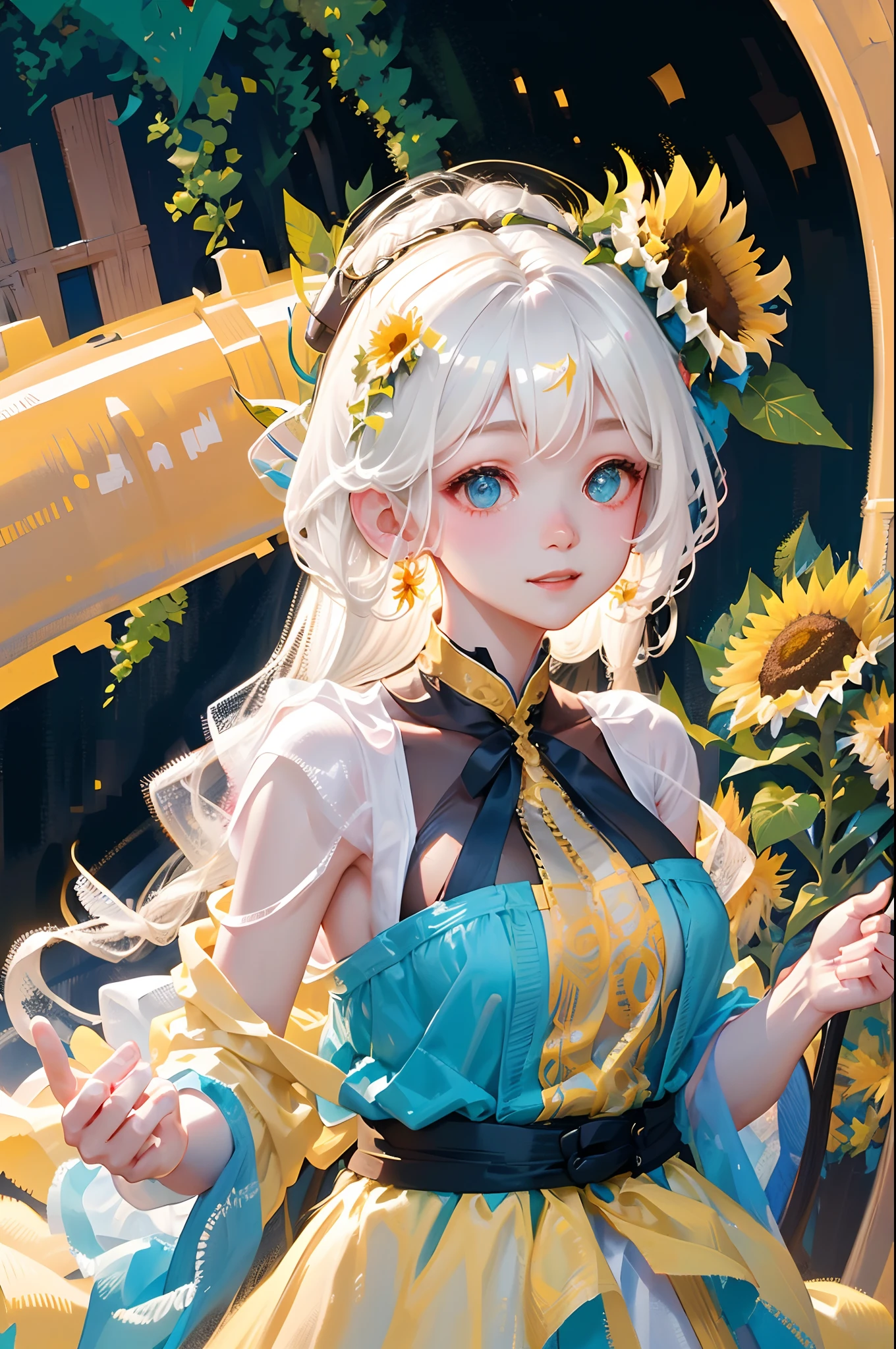 tmasterpiece， high high quality，  one-girl，White hair，Sunflowers are worn on the head， floating in sky，White slip dress，full bodyesbian， Cloud Girl， Clouds， brightly， cheerfulness， intriguing， gentlesoftlighting， （bauhause， Shape， lineworks， abstracted： 1.1）， panda ears，