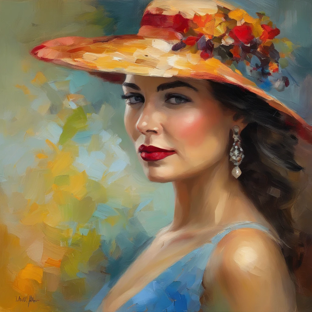 classic oil painting of a woman in a cocktail dress, wearing a hat, long blond hair, blue eyes, eyes looking at us, hat top within our view, hat top within the frame, medium shot, elegant digital painting, sunny day, beautiful acrylic portrait painting, wlop painting style, brush strokes in textured paint, gorgeous digital painting, in style of Junyi Liu, beautiful character painting, fine art portrait painting, epic colorful background, beautiful art uhd 4 k