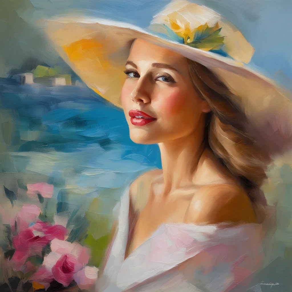 classic oil painting of a woman in a cocktail dress, wearing a hat, long blond hair, blue eyes, eyes looking at us, hat top within our view, hat top within the frame, medium shot, elegant digital painting, sunny day, beautiful acrylic portrait painting, wlop painting style, brush strokes in textured paint, gorgeous digital painting, in style of Junyi Liu, beautiful character painting, fine art portrait painting, epic colorful background, beautiful art uhd 4 k