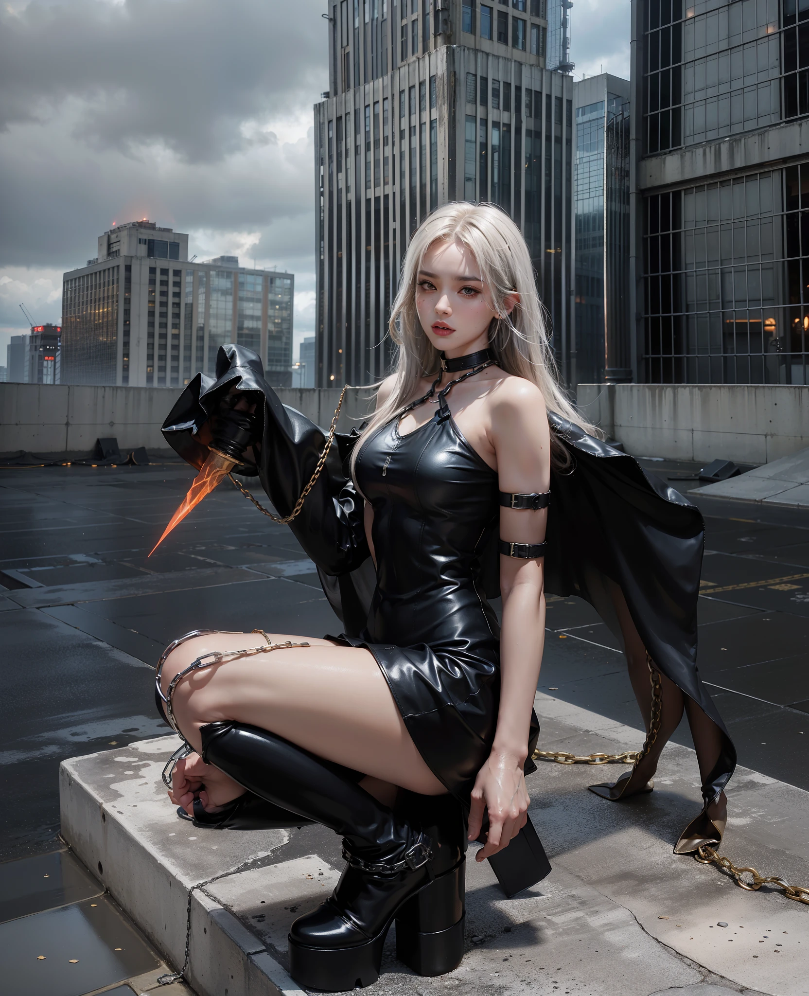 ((best quality)), ((masterpiece)), (detailed), Realistic beautiful cute girl, long white hair, red eyes, short black frill skirt, thigh highs, high heels, tattoos, lightning background,. High detail 4k.