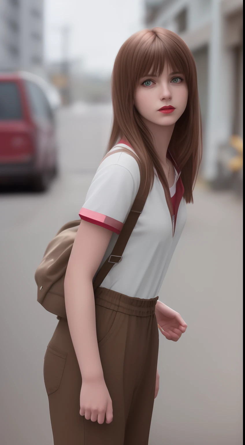 teen max caulfield   , 
brown hair ,  ,. red lips ,long hair , , no selfie , depth of field, no happy, 
 ,    no smiling ,,, jumpsuit , jens pants , , 
 looking at viewer, city