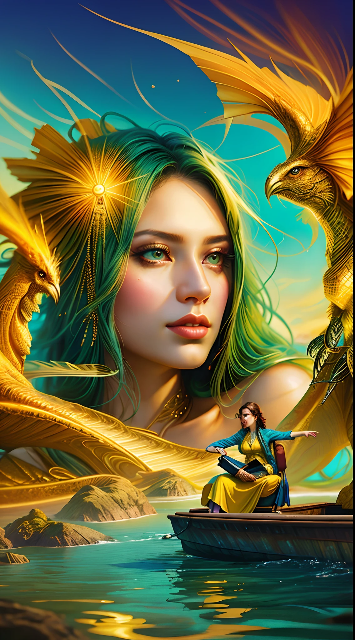 There is a woman who is sitting in a yellow boat, arte da capa de um livro, conceito de arte para uma capa de livro, photomanipulation, capa de romance, surreal mulher jovem bonita, arte profissional do photoshop, Arte digital surrealista, photo manipulation, inspirado em Michael Whelan, karol bak uhd, inspirado em Boris Vallejo, retrato de fantasia digital