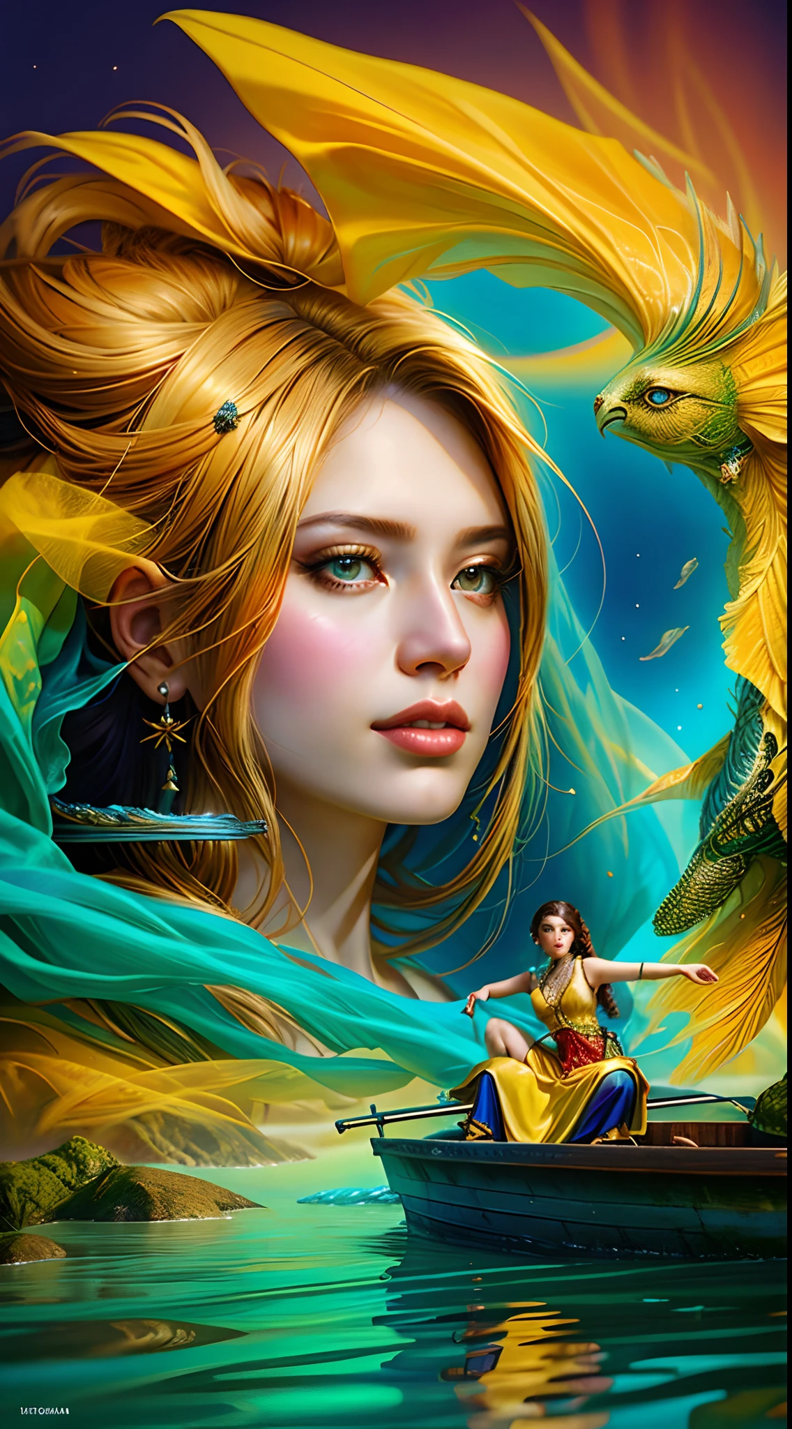 There is a woman who is sitting in a yellow boat, arte da capa de um livro, conceito de arte para uma capa de livro, photomanipulation, capa de romance, surreal mulher jovem bonita, arte profissional do photoshop, Arte digital surrealista, photo manipulation, inspirado em Michael Whelan, karol bak uhd, inspirado em Boris Vallejo, retrato de fantasia digital