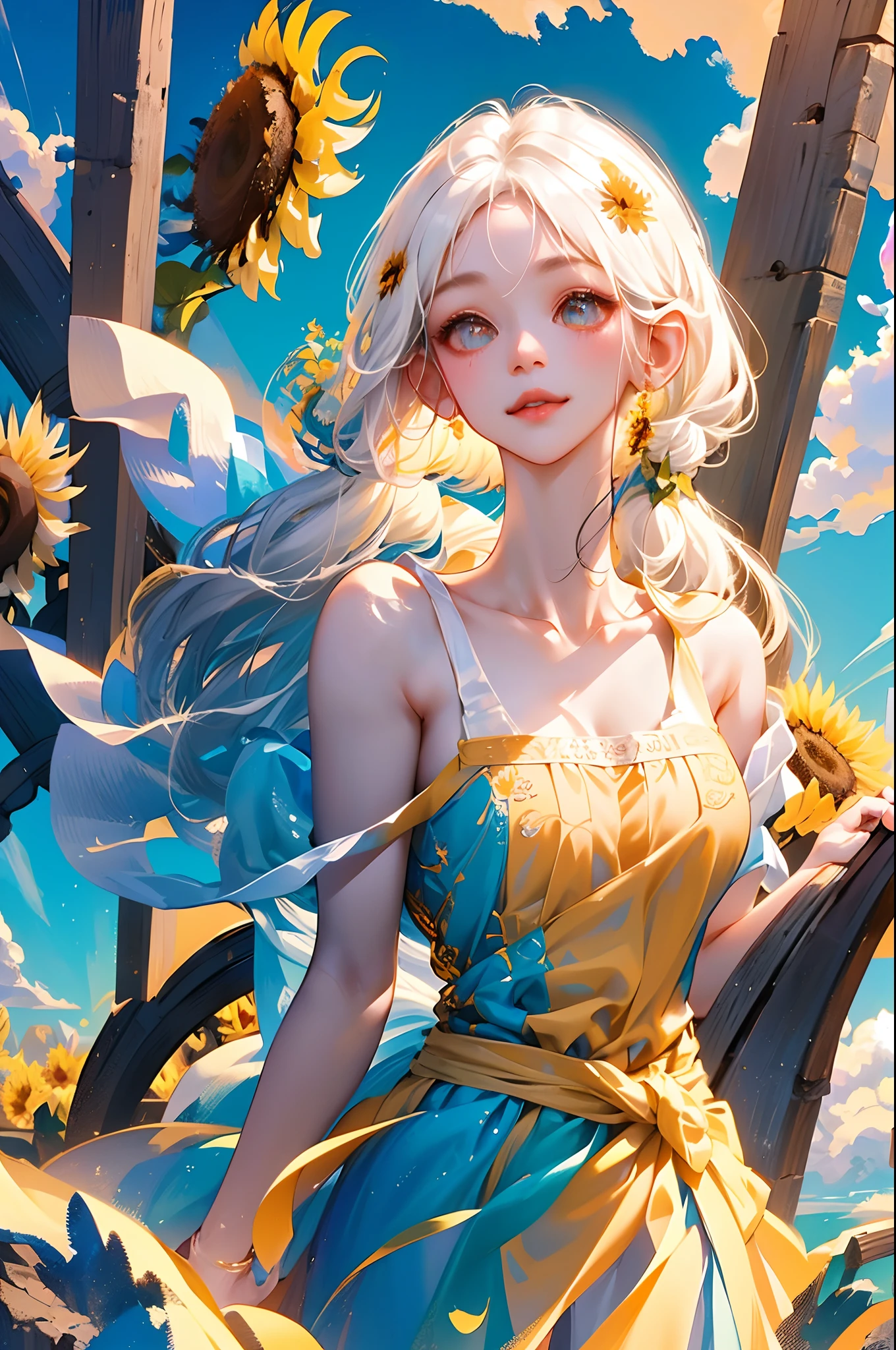 tmasterpiece， （Oil painting texture），one-girl，White hair，Sunflowers are worn on the head， floating in sky，White slip dress， full bodyesbian，Cloud Girl， Clouds， brightly， cheerfulness， intriguing， gentlesoftlighting，