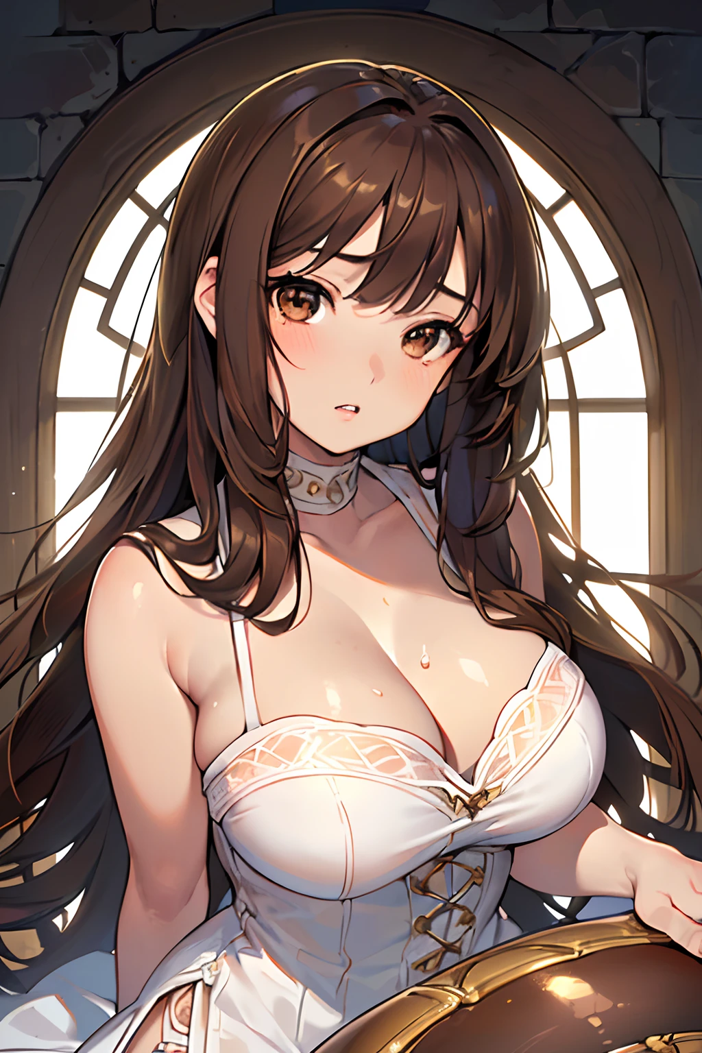 Masterpieces, high resolutions, extremely detailed, realistic, 1 girl, (((sharp face, (very young), cute face, sharp eyes, brown eyes, cute eyes, long brown hair, smooth skin, bouncy skin, soft skin))), ((dynamic lighting)), embarressed