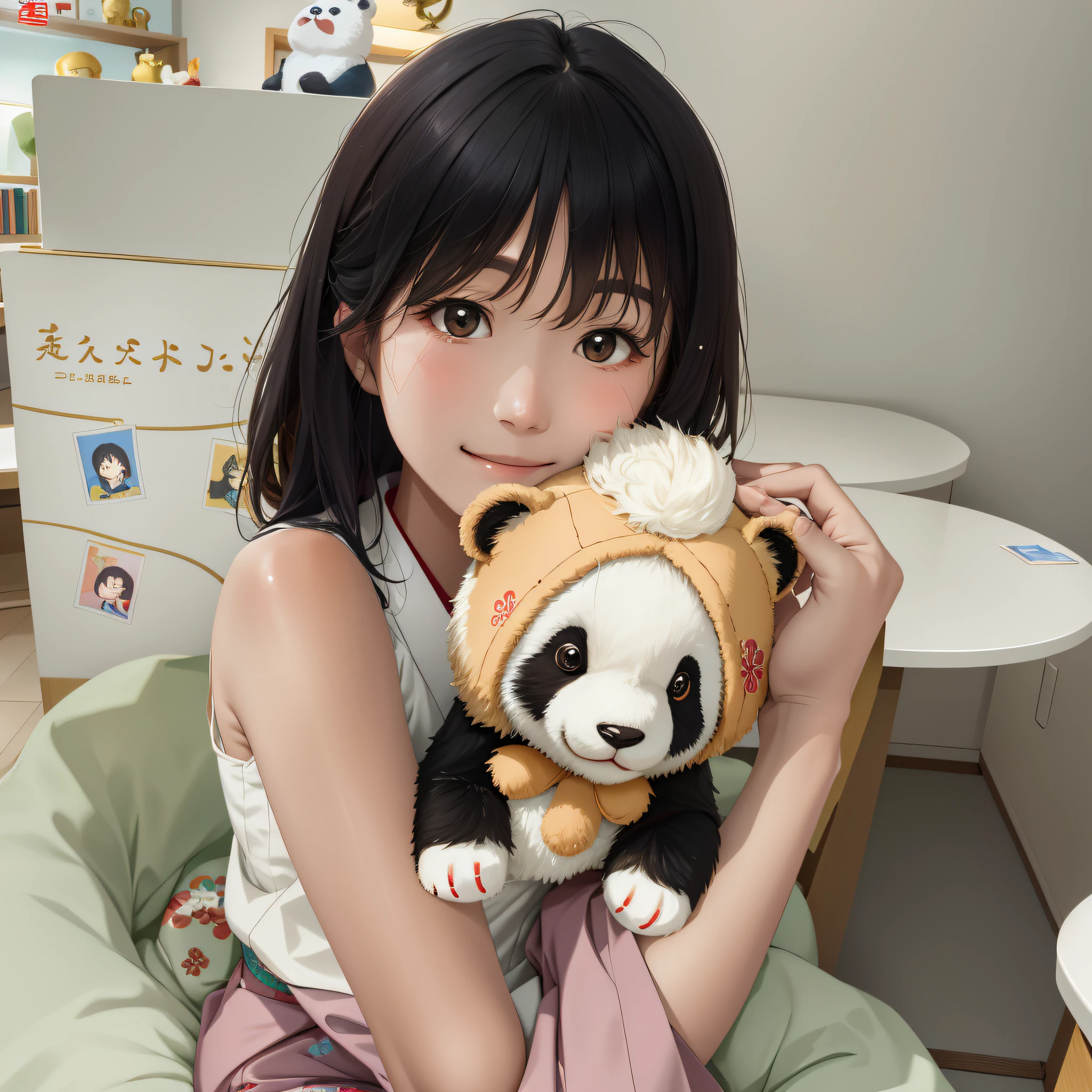 Scene of Arakfi sitting in a chair in the room, hugging stuffed animals. Plush toys are cute and fluffy. The room was comfortable,It has a peaceful atmosphere. There is a set of Shaxi tea set on a nearby table, adding to the serene ambiance. Plush toys are a playful expression、Teddy bear with soft fur. Alavi is a long girl, Flowing hair and gentle smile. She wears a traditional Japanese kimono,The eyes are bright and expressive. Next to Arakfi, There's a book called "480 pages" author:lulu chen、Wu Xixuan. The book is full of beautiful illustrations and intricate details. Alavi immersed himself in reading the book, Be captivated by the fascinating story. The room is decorated with posters and merchandise of cute panda characters, Beloved mascot. The lighting in the room was soft and warm, Cast a soft glow on the surroundings. The colors in the scene are vibrant and harmonious, Create visually pleasing compositions. The overall image should be of the best quality, It has ultra-detailed elements and realistic aesthetics.