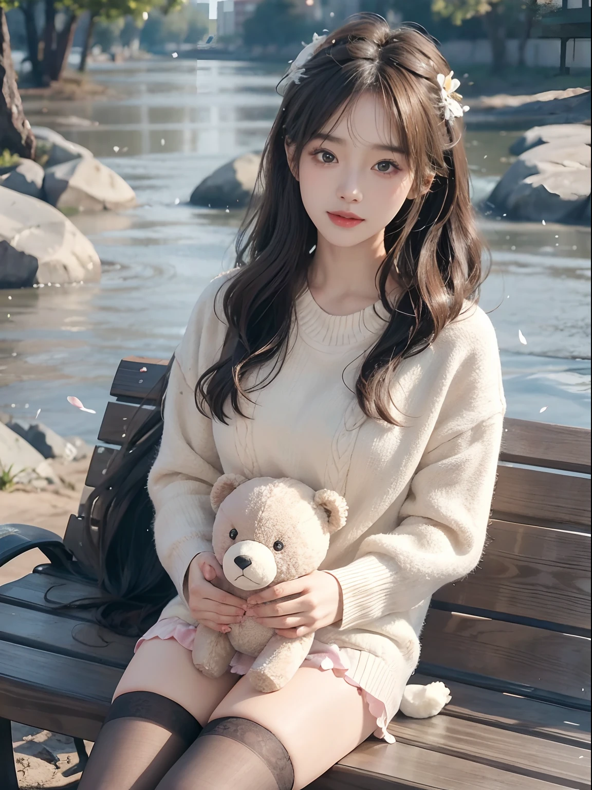 1girl walking on the river, mix4, Sweaters, pillow, lips, open_mouth, realistic, photo_\(medium\), solo, stuffed_animal, stuffed_toy, teddy_bear,(masterpiece),(fidelity:1.3),ultra - detailed,（Highly detailed skin：1.2），（best qualtiy：1.0），（超高分辨率：1.0），（ulzzang-6500：0.3），Wavy detail hair，long whitr hair，rays of sunshine，（Beautiful detailed makeup），（Sexually aroused blush，Heavy breathing：1.0 ), Flower theme flower petals scattered, (Soft light blooms:0.5)，blackstockings