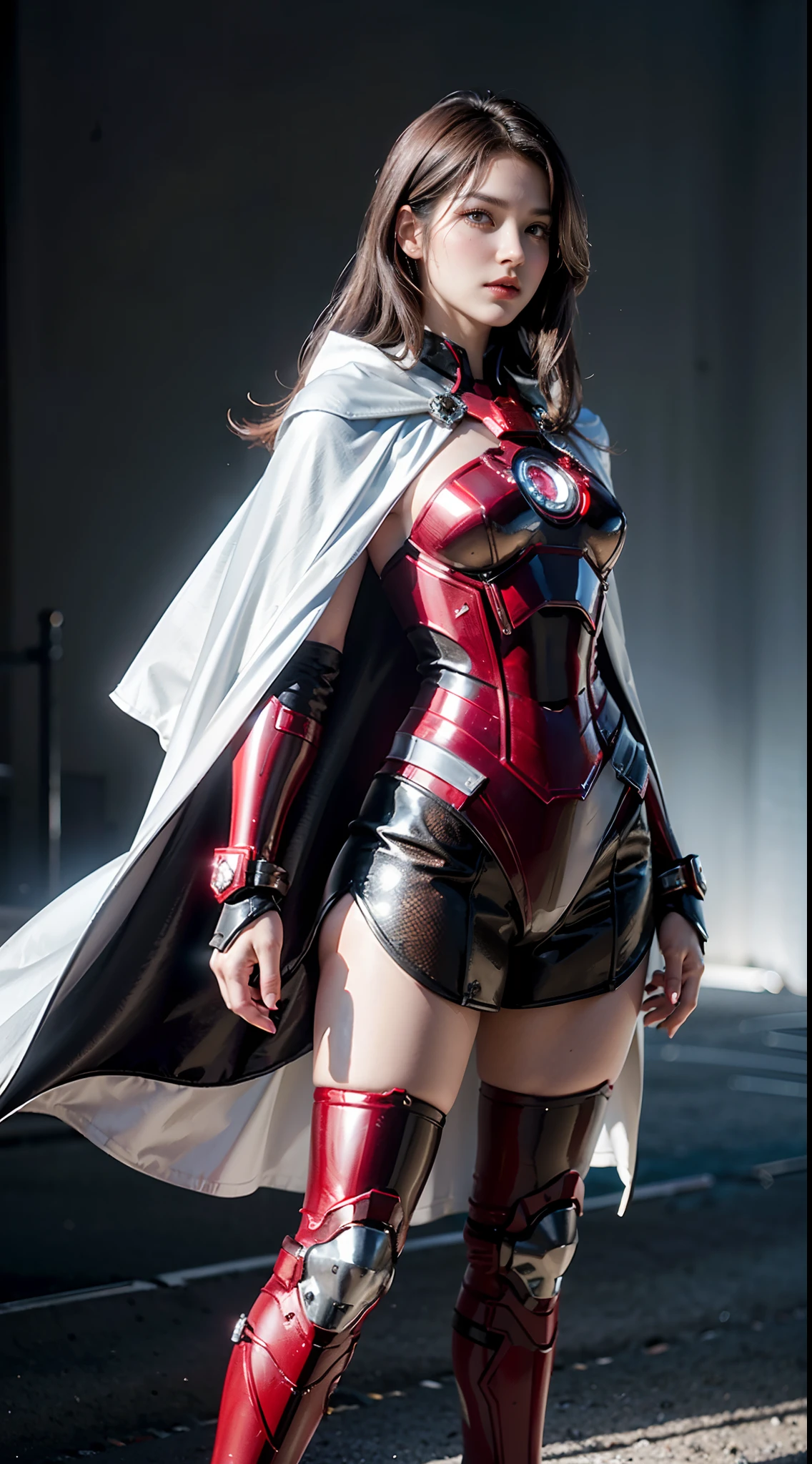 A woman in Iron Man armor,Full body photo， Mix 4, (8K, photo RAW, best qualityer, tmasterpiece: 1.2), (realisticlying, realisticlying: 1.37), 1girll, baik, view over city, natta, Sateen, dampness, profesional lighting, photon maping, Radio Siddard, physically-based renderingt, gradient brunette hair, baik, femele, White ball set, Excellent image quality, A high resolution, 1080p, (Light face), , (tmasterpiece), (exquisite CG),  Extreme light and shadow, hair messy, tmasterpiece, rich details​, (Exquisite facial features), (high-level image quality), (tmasterpiece), (A detailed eye), Looking forward to your eyes, (((Ruby set black gold armor，White cape)))，Cowboy fighting pose，fully body photo