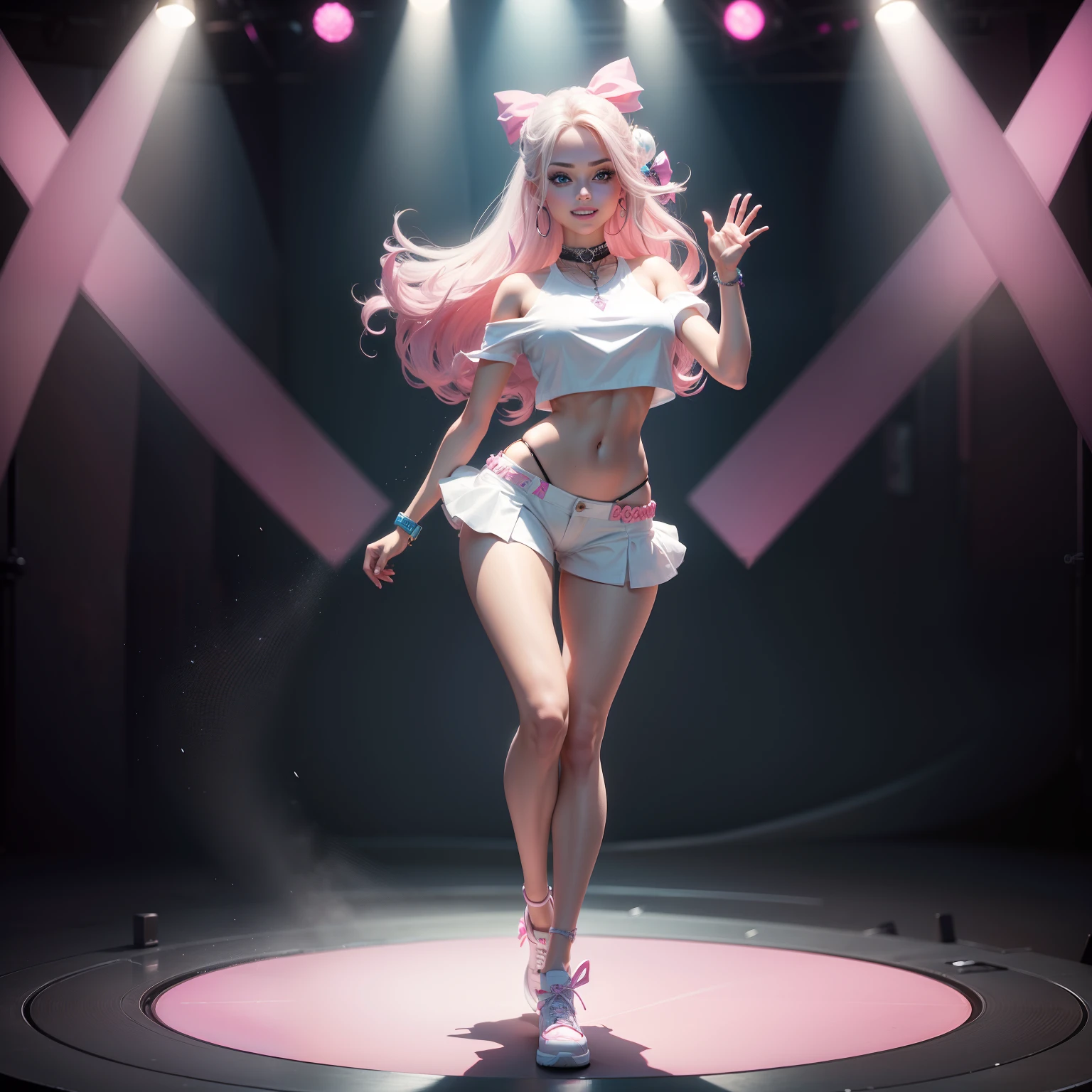 One Barbie, ((Full body)),8th class, Blue eyes, Smiling face, Hair loss swaying in the wind, Hip Hop Singer Pose, Dressed in hip-hop style, Wear a white T-shirt,swarovski,pasties,With a pink bow on the arm, Fashion, Extremely high quality, high details, 8K, clean back ground, in studio, ((Full body shot)),Align your fingers neatly,Accurate Hand Modeling,wave her hand,