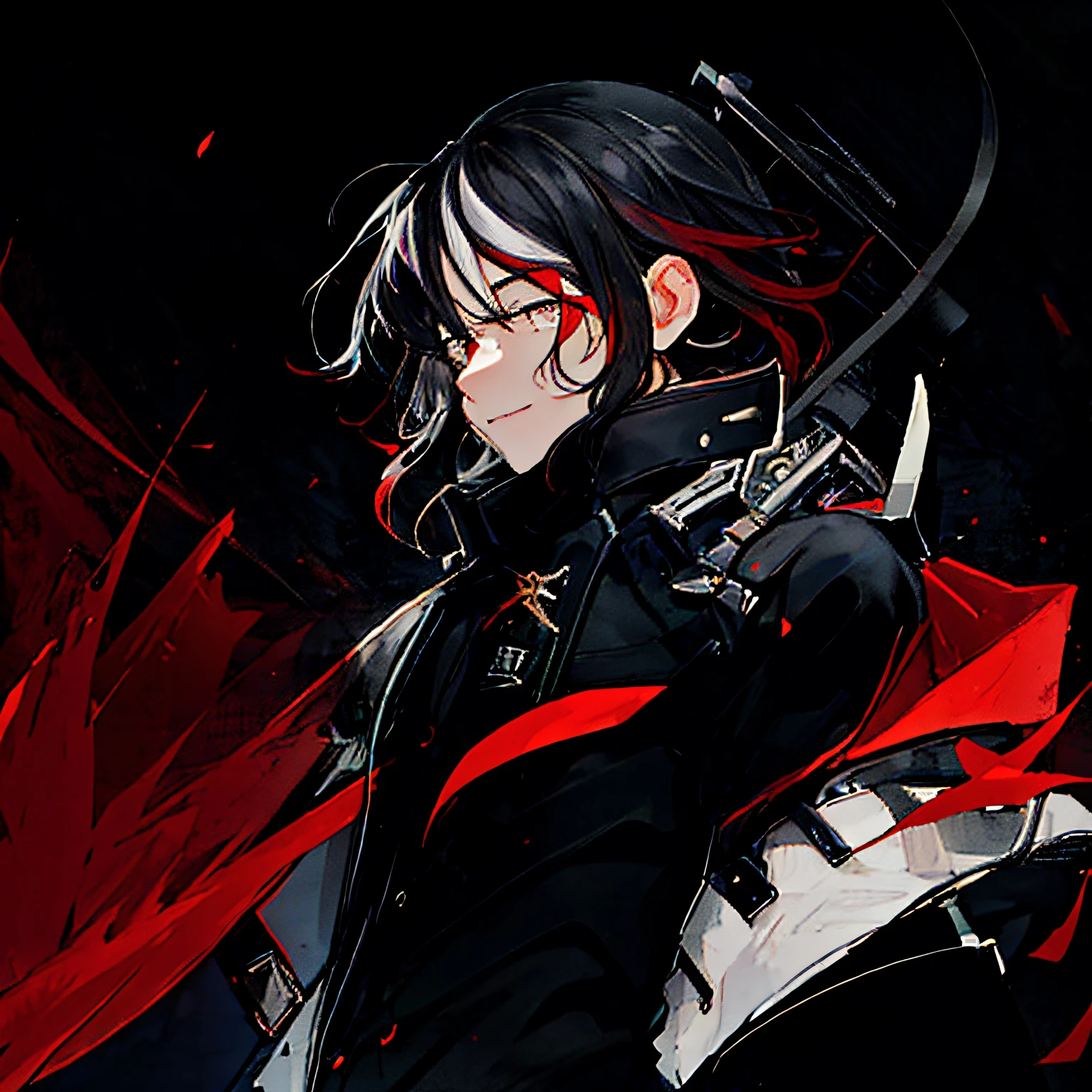 A young man of with medium black hair with a white bangs ,Iris and pupil of the eyes completely red ,uma blusa preta simples com casaco estilo motoqueiro preto com detalhes nas mangas em vermelho ,a black military-style medium glove with red border ,a face with a serious smile and a look of contempt