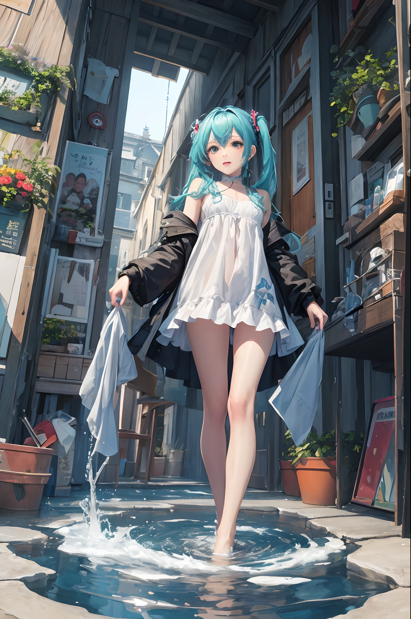 (masterpiece、top-quality、Official art:1.2)、(colourfull)、miku hatsune、see the beholder、1girl in、portlate、独奏、Colorful water levitation