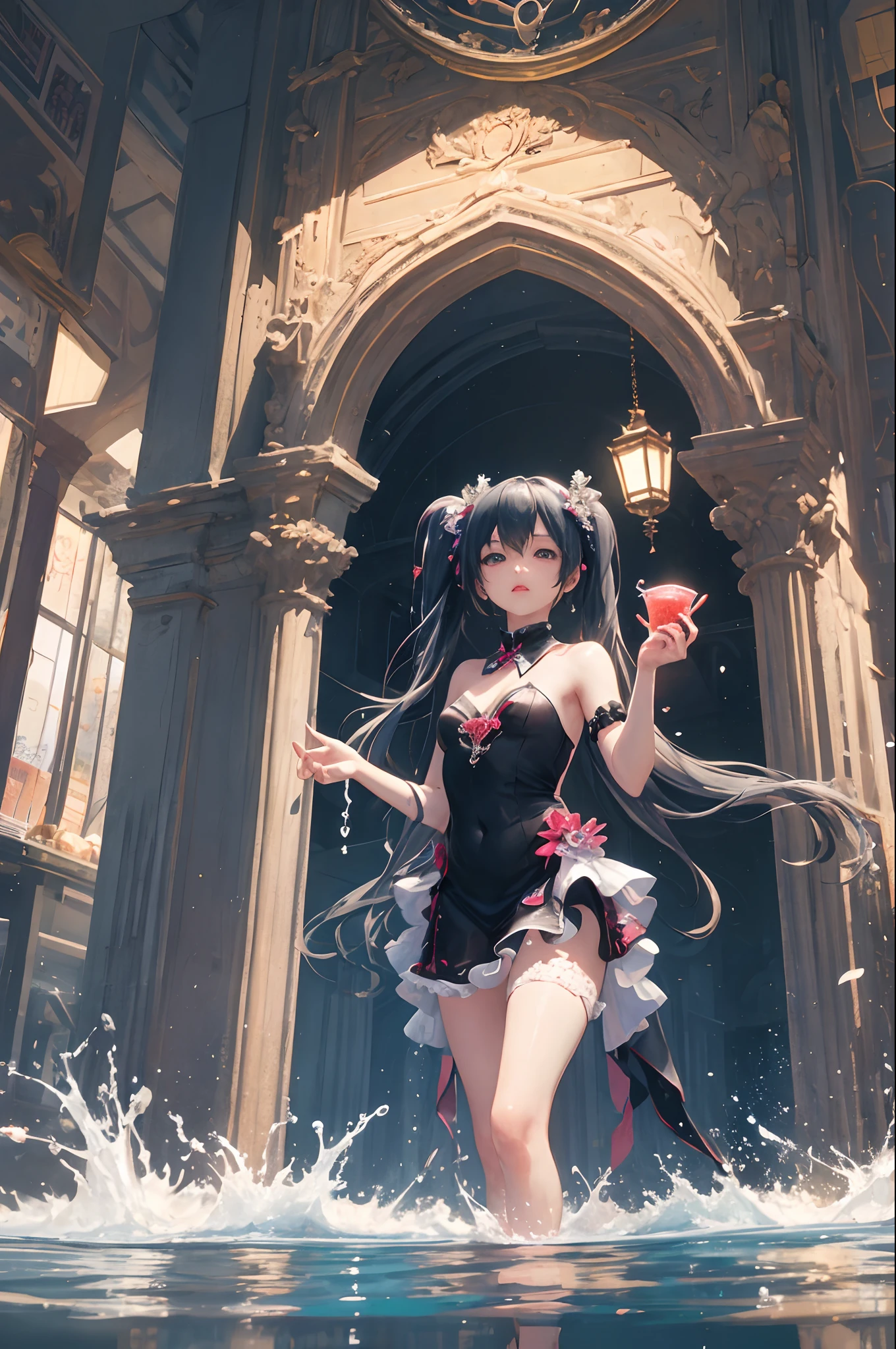 (masterpiece、top-quality、Official art:1.2)、(colourfull)、miku hatsune、see the beholder、1girl in、portlate、独奏、Colorful water levitation