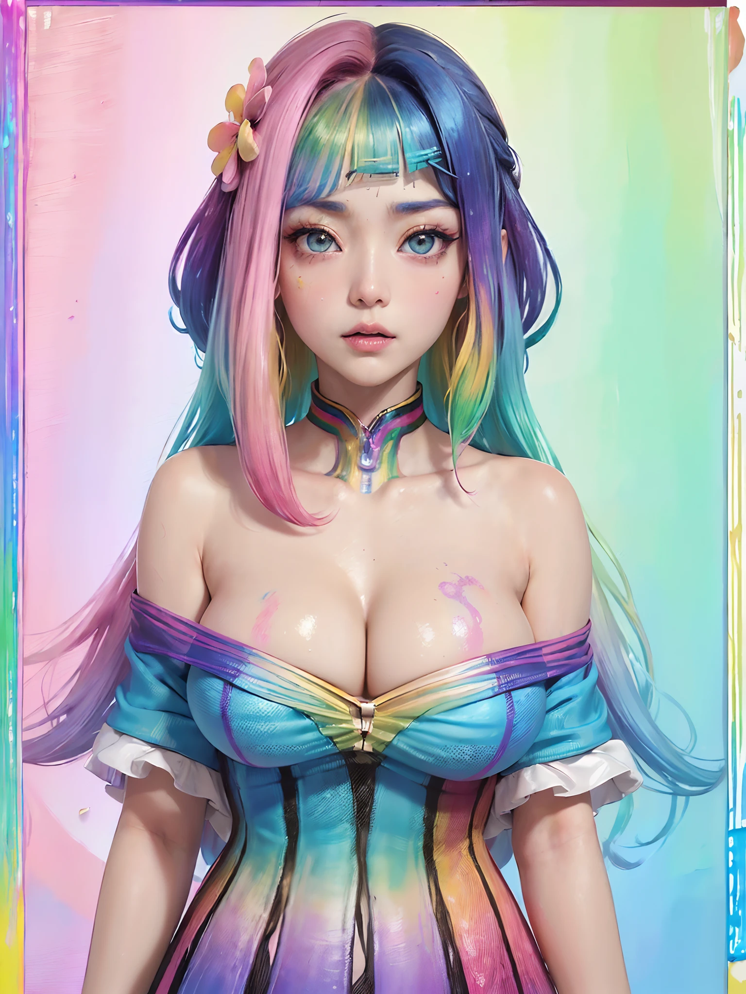 (SFW、masuter piece、Best Quality、masutepiece、top-quality、Top image quality、extremely beautiful lady)、(Pink fashion T-shirt:1.9)、(colourful hair:1.8)、(all the colours of the rainbow:1.8)、((((Vertical Painting:1.6)))、(Painterly:1.6)、frontage、comic strip、illustratio、Painterly、big eye、Sheer eyes、(Iridescent gradient medium shorthair:1.7)、Exquisite makeup、(Small fresh:1.5)、(Wipe Chest:1.6)、long eyeslashes、White off-the-shoulder T-shirt、White shoulder shirt、looking at the spectator、Large watery eyes、(rainbow-colored hair:1.6)、 color splashes, (独奏:1.8), color splashes, Color explosion, Thick paint style, Messy lines, ((Shines)), (colourfull), (colourfull), colourfull, colourfull, Chic paint style, (Splash) (color splashes), Vertical Painting, The upper part of the body, Paint splashes, Acrylic Pigment, gradients, 独奏, depth of fields, facepaint, colourful clothes, (elegent: 1.2), Gorgeous,length hair, the wind, (elegent: 1.3), (flower petals:1.4)、(dynamic ungle)、((Planktonic))、(paint)、((dishevled hair))、(独奏)、(1girl in)、((Detailed anima face)))、((beautifull detailed face))、collars、bare shoulders、white hair、((colourful hair))、(((striated hair))、beatiful detailed eyes、(Gradient color eyes)、(((Colorful eyes))))、(colorful backdrop))))、((((a high chroma、{gigantic|big|huge|mega} breasts, cleavage))))、(((Surrounded by colorful splashes)))、