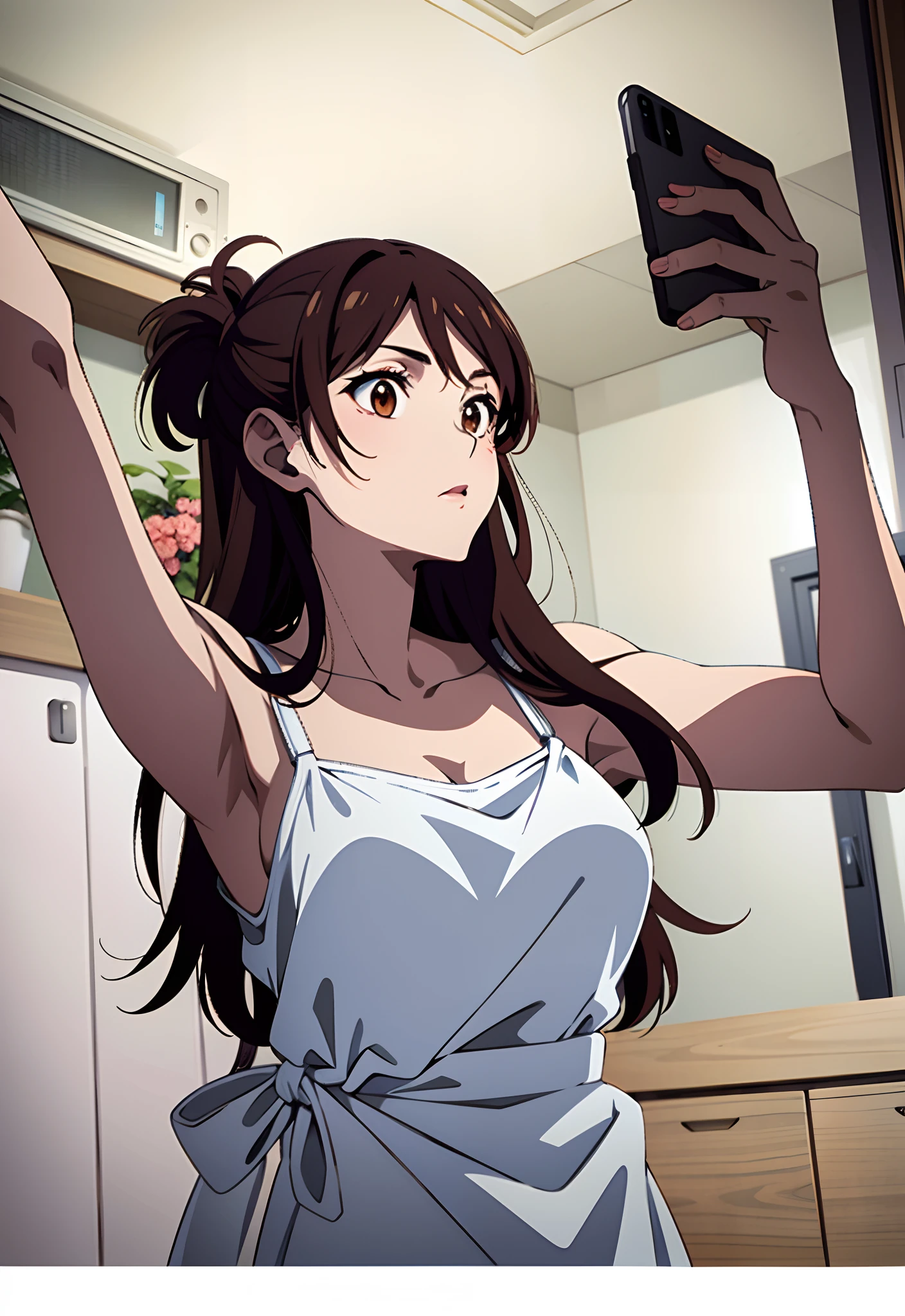 chizuru, white skin, white dress with grey stripe, taking selfie, propotional phone, brown hair, brown eyes, posing, home backround, camera phone