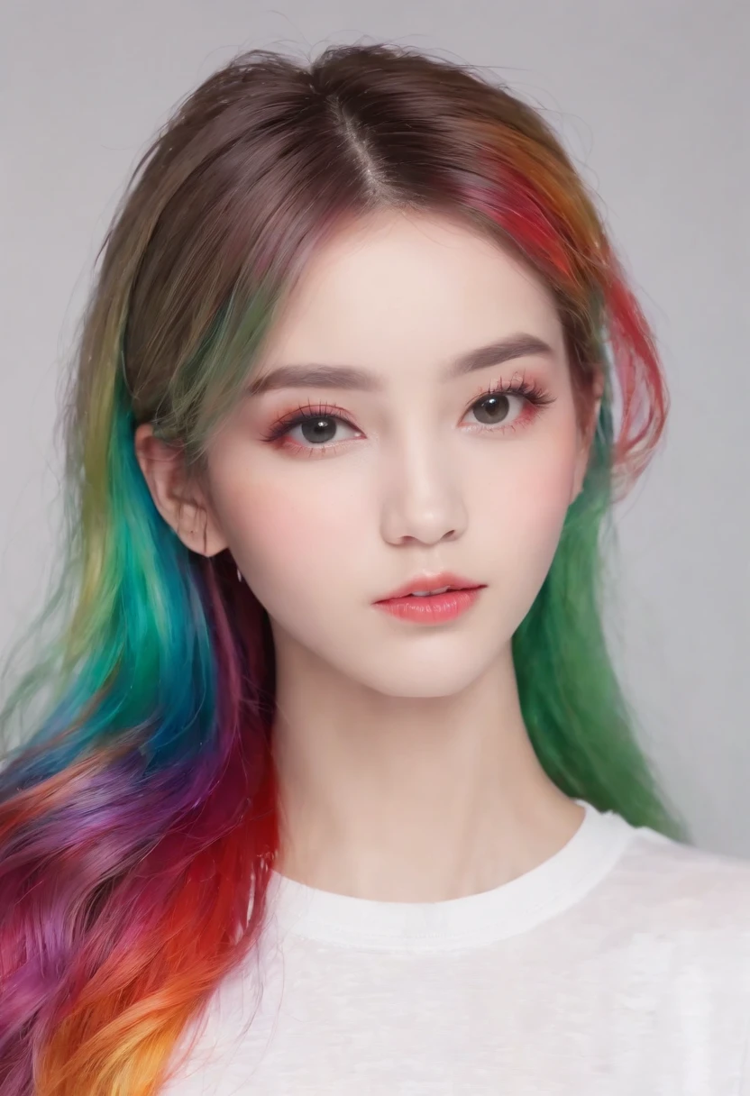 （Pink Fashion T-shirt：1.9），(Colorful hair: 1.8), (all the colours of the rainbow: 1.8),(((((vertical painting：1.6))), （painting：1.6），front, comics, illustrations, paintings, large eyes, crystal clear eyes,（ rainbow color gradient high ponytail：1.7）, exquisite makeup, closed mouth,(Small Fresh: 1.5),(Wipe Chest: 1.6) ，long eyelashes, white off shoulder T-shirt,  White Shoulder Shirt，looking at the audience, large watery eyes, (rainbow colored hair：1.6), color splash, （solo：1.8）, color splash, color explosion, thick paint style, messy lines, ((shining))，(colorful), (colorful), (colorful), colorful, Thick Paint Style, (Splash) (Color Splash), Vertical Painting, Upper Body, Paint Splash, Acrylic Pigment, Gradient, Paint, Highest Image Quality, Highest Quality, Masterpiece, Solo, Depth of Field, Face Paint,  colorful clothes, (Elegant: 1.2), gorgeous,long hair, wind, (Elegant: 1.3), (Petals: 1.4)，(((masterpiece))),(((best quality))),((ultra-detailed)),(illustration),(dynamic angle),((floating)),(paint),((disheveled hair)),(solo),(1girl) , (((detailed anima face))),((beautiful detailed face)),collar,bare shoulders,white hair, ((colorful hair)),((streaked hair)),beautiful detailed eyes,(Gradient color eyes),(((colorful eyes))),(((colorful background))),(((high saturation))),(((surrounded by colorful splashes))),