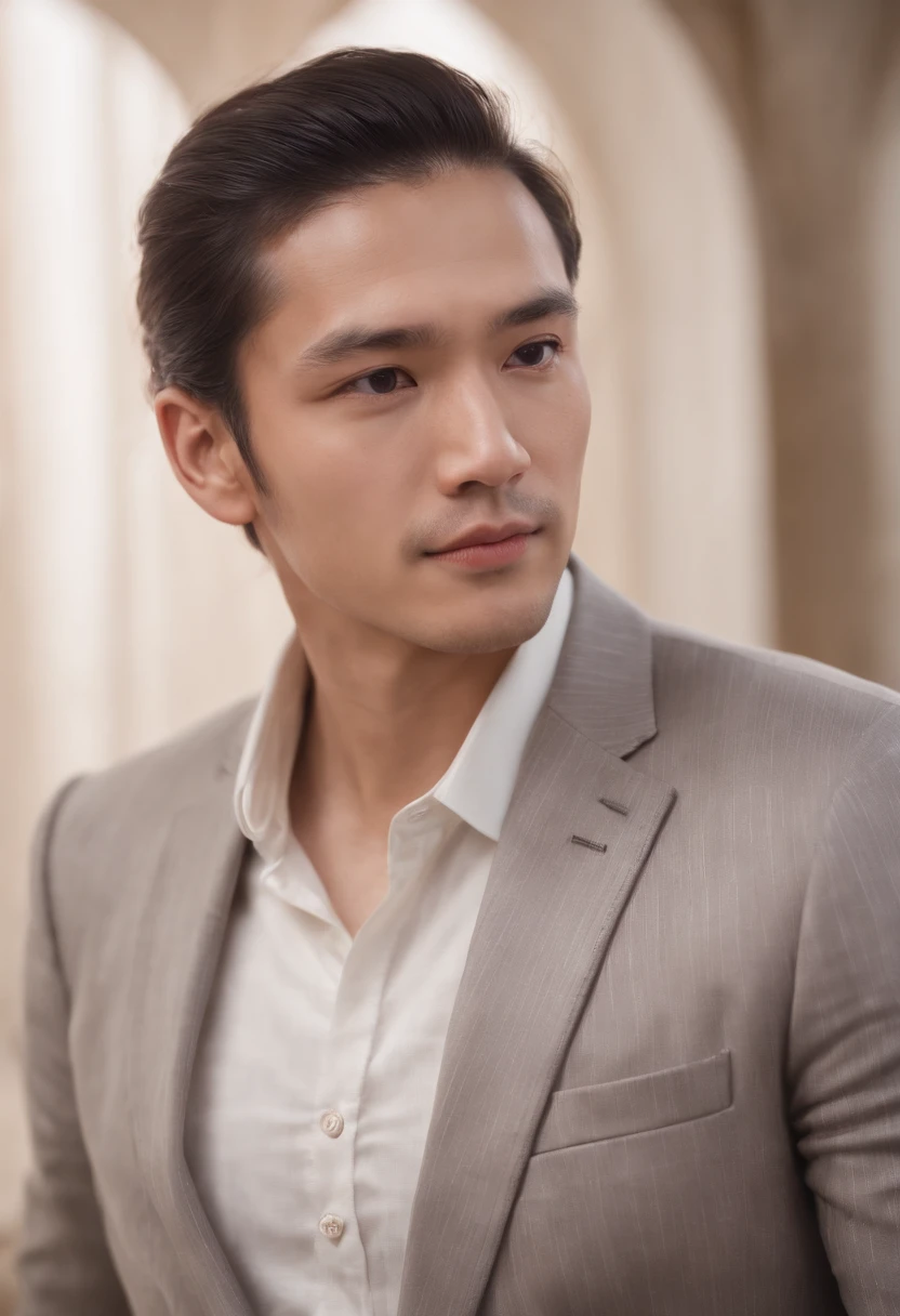 character standing with arm straight, dark hair (neck length hair tied in a ponytail), nice pose, handsome man, asian face, royal elegant pose, business man, (in a striped blazer), (The surrounding environment is a luxurious and classic living room) (sand tone image)