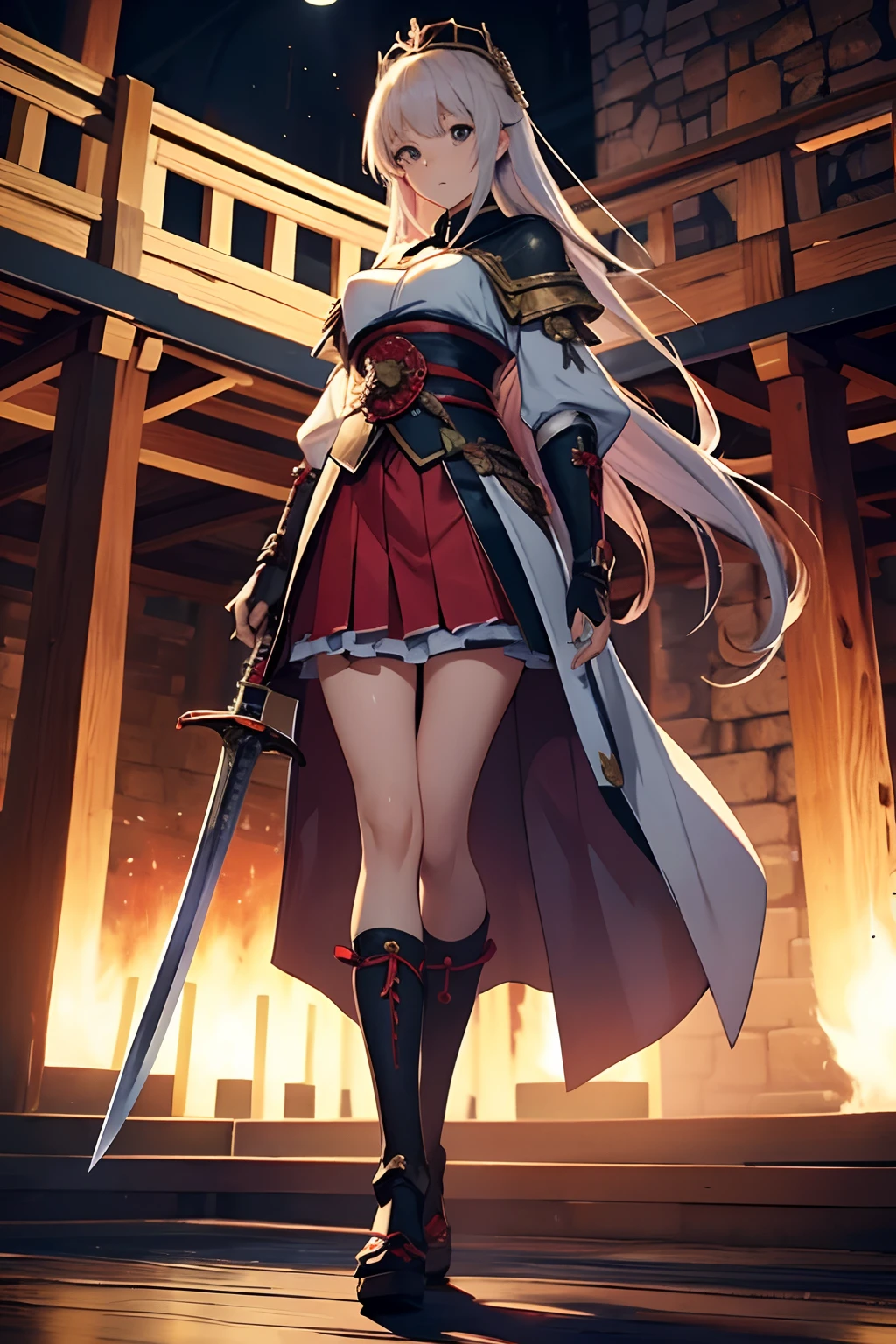 japanese anime style. Woman. medieval times. ue. Fantasy. Skirt. Sword. is standing. Whole body. From below.