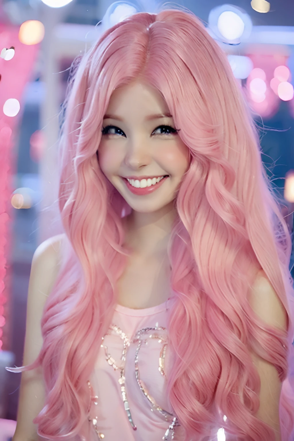 Beldel, pink hair, smiling, standing