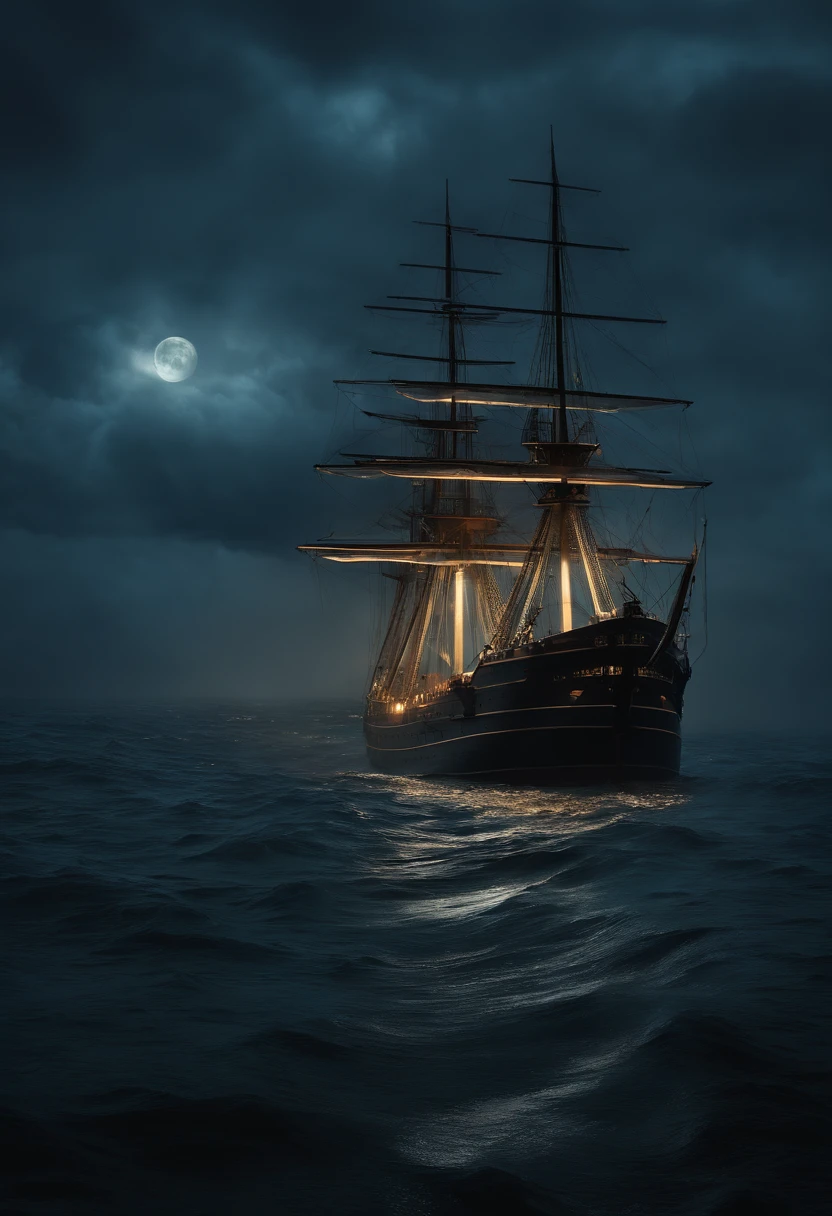 gloomy landscape at sea, the ship the fishing dutchman in the middle of the night sea and in front of the ship there are specters and ghosts, hyperrealistic, photorealism, cinematography --ar 2:3 --v 5.0