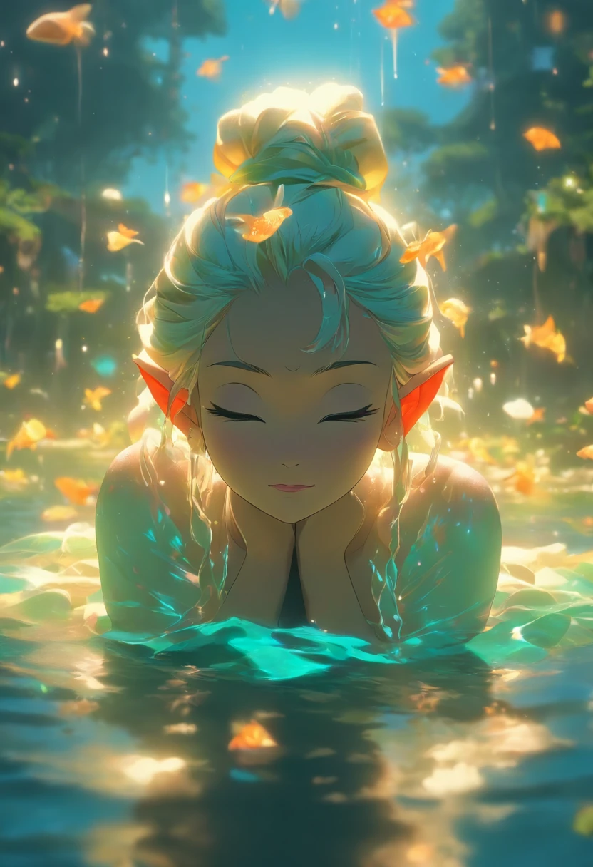 (8k、RAW Photography、top-quality、masterpiece:1.2、low angles)、(realisitic、Photorealsitic:1.37)、(ultra-detailliert、超A high resolution)(Overlooking) An elven priestess floats quietly in the moon reflected in the spring of night, closing her eyes and praying to the spirits(thin white robes that stick to the body, Holy seal on the neck circlet anklets Upper cuff Black skin)(Colorful petals floating on the surface of the water Fish in the water)