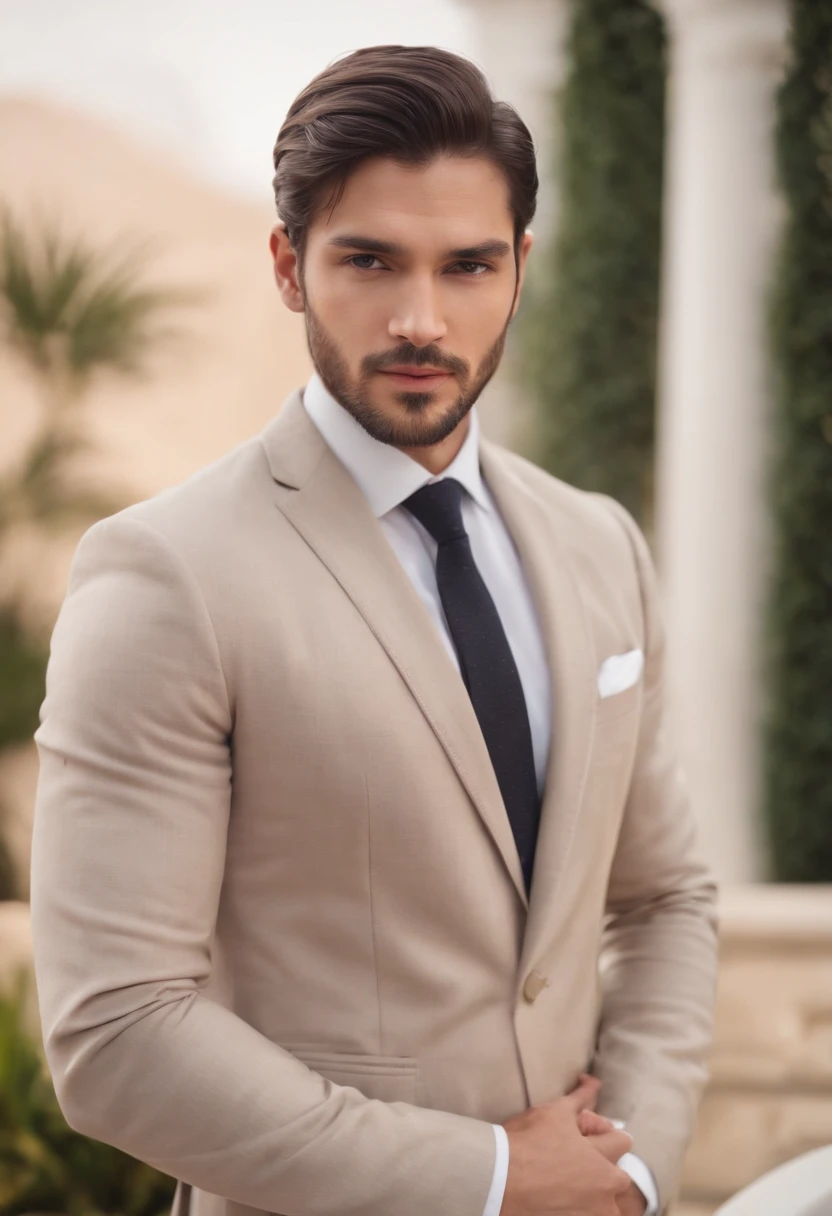 character standing with arm straight, dark hair (neck length hair tied in a ponytail), nice pose, handsome man, pretty face, Caucasian, Indian face with beard, royal elegant pose, business man, (in a striped blazer), (The surrounding environment is a luxurious and classic living room) (sand-tone image)