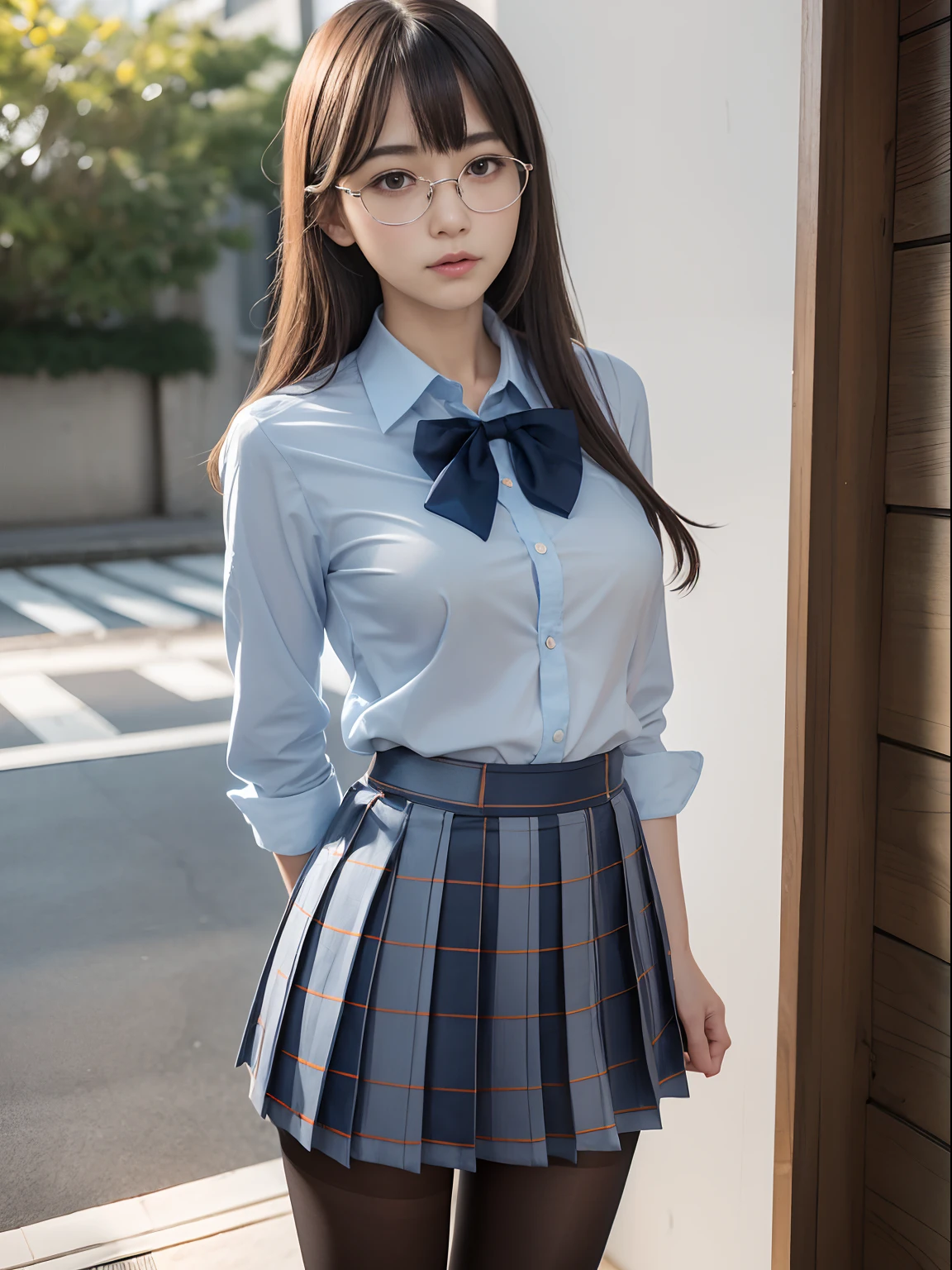 (Underwear is visible),(8K、Raw photography、top-quality、masterpiece:1.2),((small tits))、((small tits))、((small tits))、((small tits))、((small tits))、((A-cup))、((A-cup))、((A-cup))、((A-cup))、((A-cup))、Has a small、(flat breast)、(flat breast)、(flat breast)、(flat breast)、(flat breast)、(being thin)、Rasping,glamor,Chromo-white skin,cocky,School,watching at viewers,Looking at the front,Muchimuchi,High-pitched clothing,Erotic,Pupils,de pele branca,kne,((Black pantyhose)),absurderes,a small face,,Forehead visible,Bangs hanging from the left and right sides of the forehead,(a cold expression,Tight eyes,glares,Bullish,irate)、masterpiece,top-quality、超A high resolution,Raw photo,ren,Beautiful fece,One Person, 独奏,eye glass,,Dark look,Small breasts,fullllbody,Round glasses,JK school uniform,hi-school girl,A Japanese Lady,is standing,(Photorealsitic:1.37)、Photon mapping,Realistic、Beautie,Cute little face,Brown-eyed、Black socks、(Red bow tie)、Radio City、Physically Based Rendering、depth of fields、Blurry background、a picture,Body,beauty legs, Long legs, Thin leg,(Bangs are visible), hair, s lips, Blue_The eye, nosesoft,(Light blue shirt), (Navy and blue and white plaid pleated skirt), Knees are visible,Sheer clothing,, Thigh, Black cotton socks,Nogizaka Idol, 女優, Japanese ido