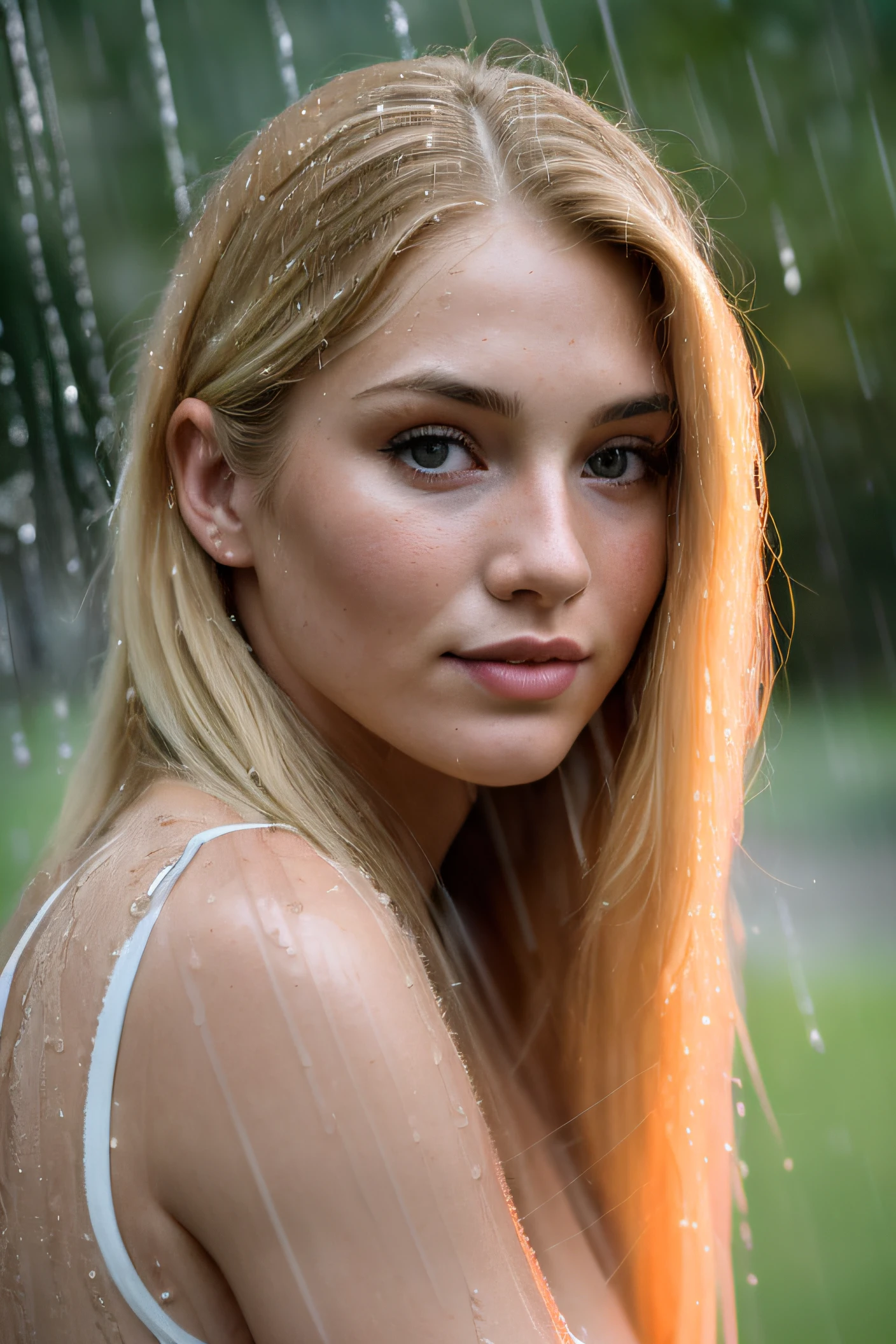 young blonde girl walking in a rain storm, dressed in a white tank top and jean shorts. wet hair and wet clothes. small old town street.