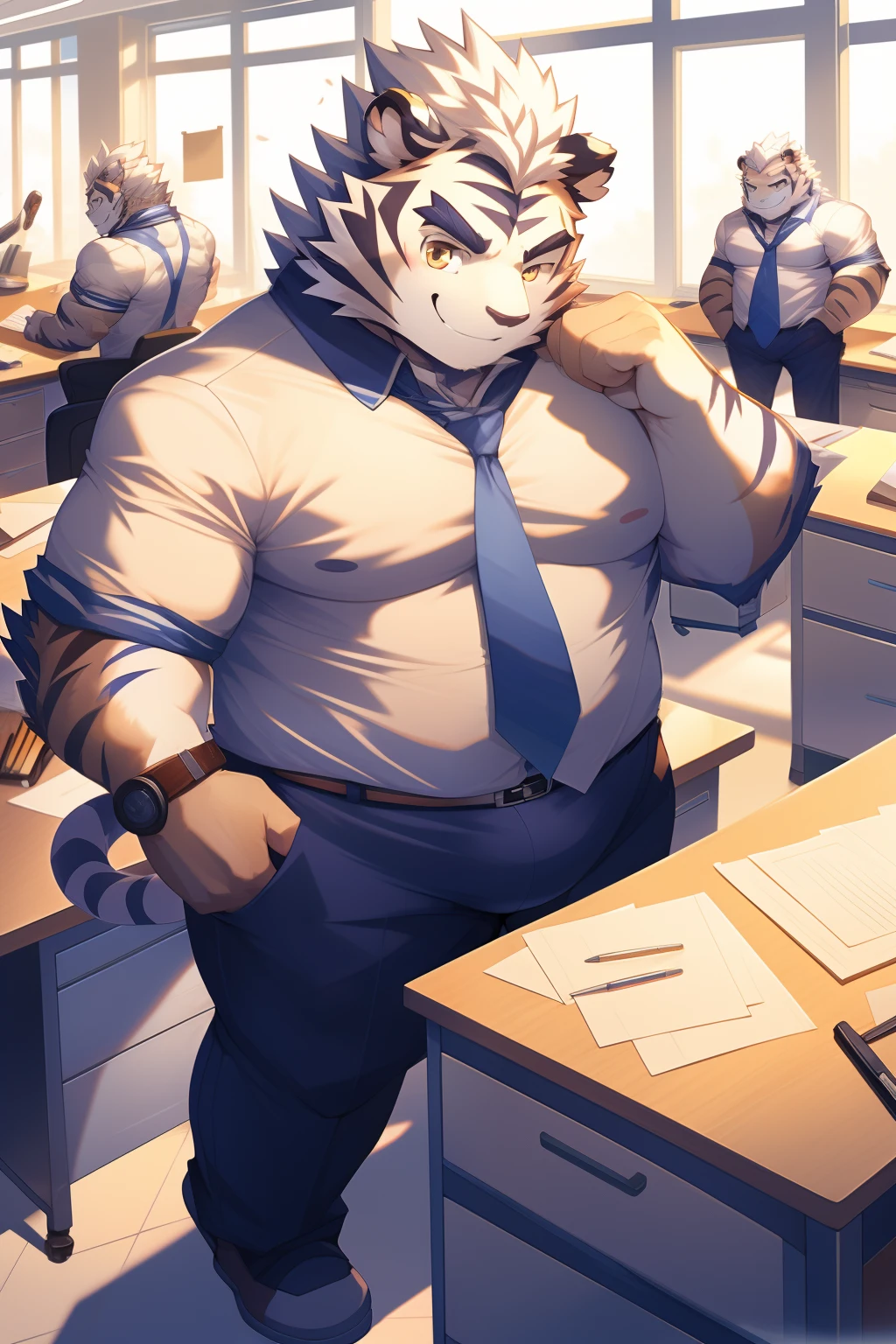 tmasterpiece，anthropomorphic tiger，male people，26 year old，Thick eyebrows，White hairs，Strong body，large pecs，Bare topless，Skinny suit pants，medium bulge，At the desk，In the office，perspired，ssmile，looking toward the viewer，Golden pupils，Strong，Solo，frontage，Full body photo