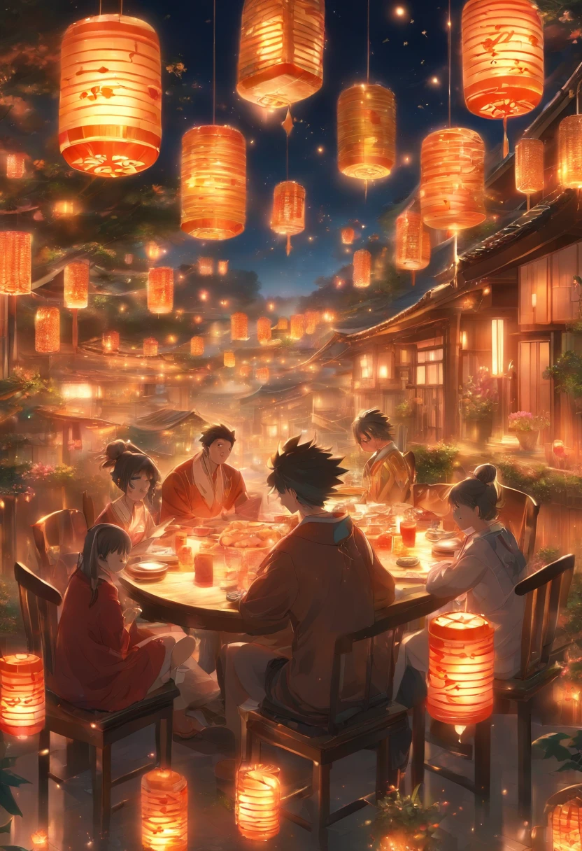 (top-quality、8K、tmasterpiece:1.3)、Full moon and stars in sky illustration,The family sits together eating mooncakes,Mom and dad laugh with the kids,Have in the living room、Bright house scene,extremely detailed face and skin,Heartwarming scene,perfect detail