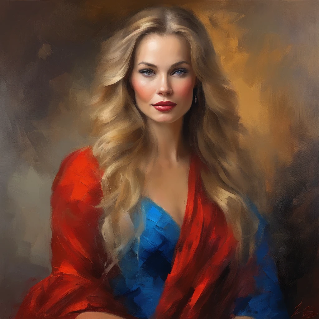 classic oil painting of a beautiful woman in a red cocktail dress, long blond hair, blue eyes, eyes looking at us, medium shot, elegant digital painting, beautiful oil portrait painting, wlop painting style, brush strokes in textured paint, gorgeous oil painting, in style of Junyi Liu, beautiful character painting, dark background, expert lighting, fine art portrait painting, epic background, beautiful art uhd 4 k