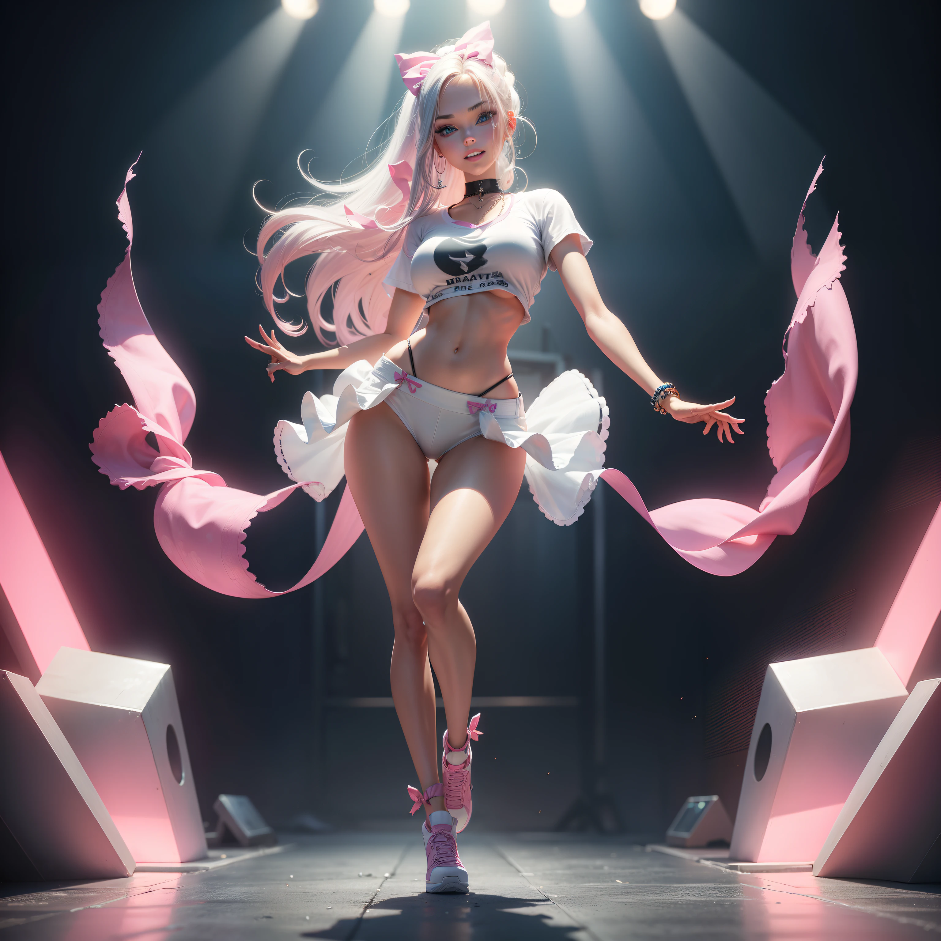 One Barbie, ((Full body)),8th class, Blue eyes, Smiling face, Hair loss swaying in the wind, Hip Hop Singer Pose, Dressed in hip-hop style, Wear a white T-shirt,swarovski,pasties,With a pink bow on the arm, Fashion, Extremely high quality, high details, 8K, clean back ground, in studio, ((Full body shot)),Align your fingers neatly,Accurate Hand Modeling,wave her hand,