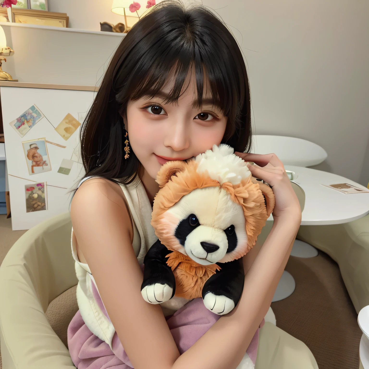 Masterpiece, Best quality, A high resolution, Scene of Arakfi sitting on a chair in the room, hugging stuffed animals. Plush toys cute and fluffy. The room was comfortable,It has a peaceful atmosphere. There is a set of Shaxi tea set on a nearby table, adding to the serene ambiance. The stuffed animal is a playful expression、Teddy bear with soft fur. Aravi is a long girl, Flowing hair and gentle smile. She wears a traditional Japanese kimono,The eyes are bright and expressive. (One eye squinted:1.9)Eye next to Alafi, There's a book called "480 pages" author:lulu chen、Wu Xixuan. The book is full of beautiful illustrations and intricate details. Aravi immersed himself in reading the book, Be captivated by the fascinating story. The room is decorated with posters and merchandise of cute panda characters, Beloved mascot. The lighting in the room was soft and warm, Cast a soft glow on the surroundings. The colors in the scene are vibrant and harmonious, Create visually pleasing compositions. The overall image should be of the best quality, It has ultra-detailed elements and photorealistic aesthetics.