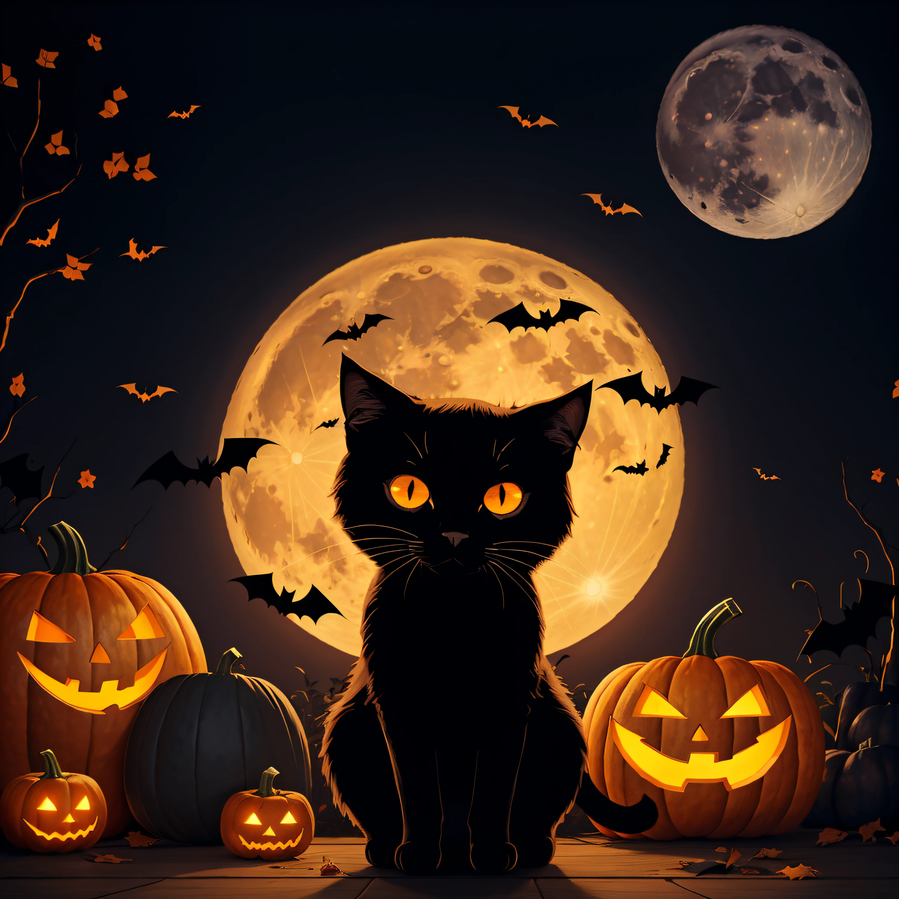 halloween cute pumpkin background with black cat on a full moon