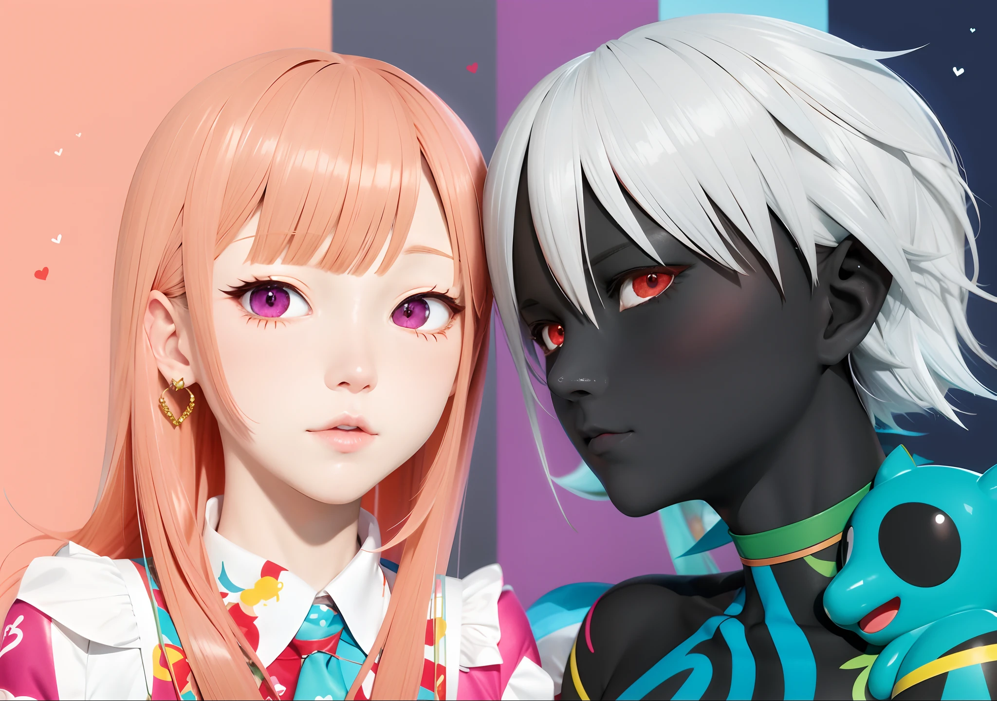 Anime characters with different colors and hair colors, red and cyan, jazza and rossdraws, vermillion and cyan, in style of cytus and deemo, Rouche style and clamp style, cyan and magenta, colorful and dark, rossdraws and jazza, persona art style, Anime Art Style, anime style portrait, nixeu and sakimichan, Paul smith