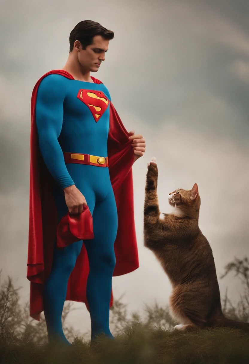 a shot of superman gives fish stick to his cat