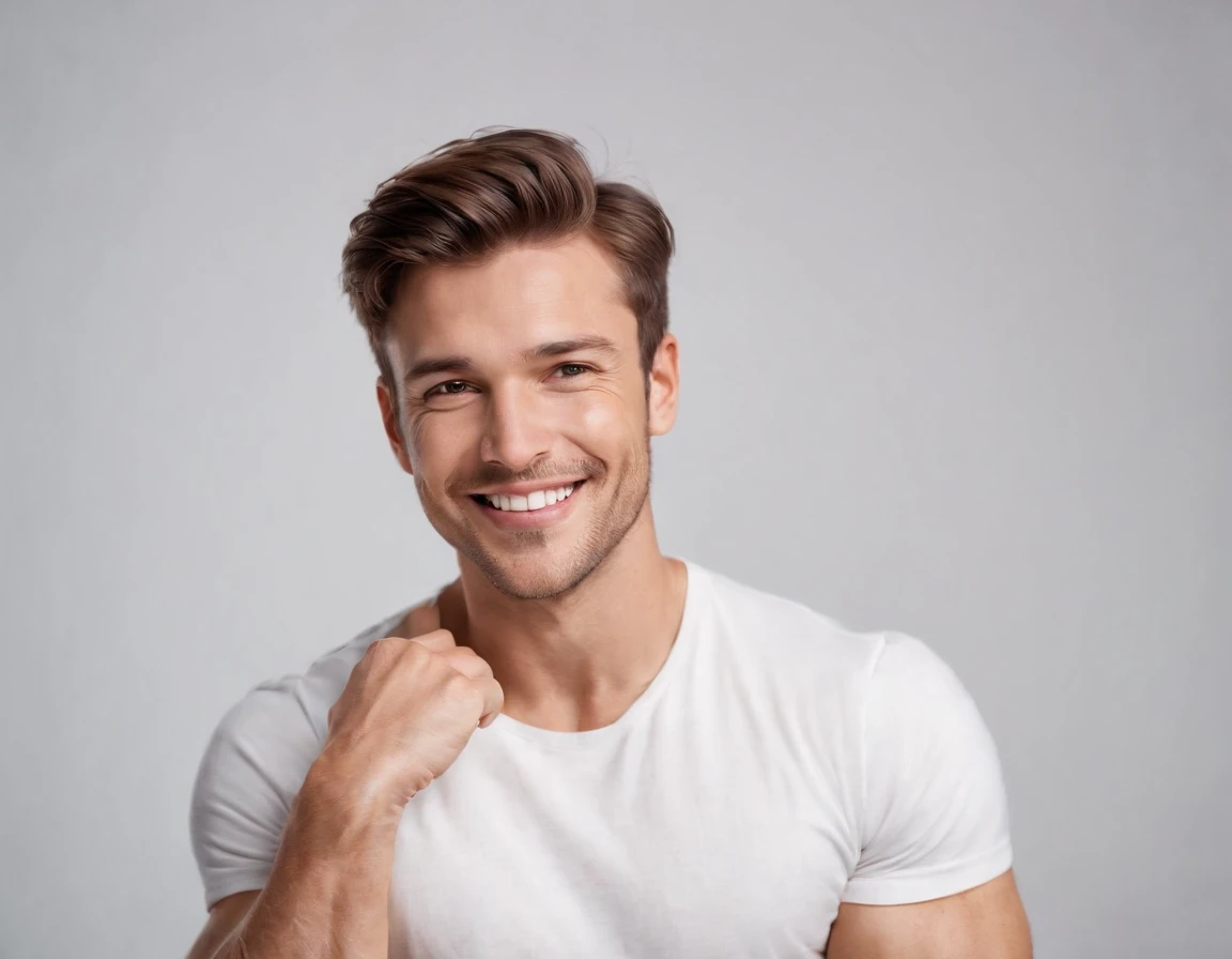 (happy man:1.1, white background),smiling face,sparkling eyes,laughter,muscular arms,fit body,energetic pose,joyful expression,casual attire,t shirt,comfortable clothing,positive vibes,vibrant colors,vivid lighting,high contrast,sharp focus,ultra-detailed,realistic style,studio lighting