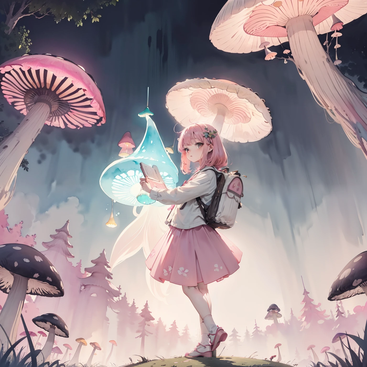 Beautiful and aesthetic,, Solo,Cute,Pink hair,pleatedskirt,Dance,Cogumelos,Mushrooms,Huge mushrooms,spore,(glowing ambiance, enchanting glow, luminouslighting, Ethereal atmosphere,Watercolor illustration, Perfect anatomy, Masterpiece, Best quality, 1girll, li,elookbag,Nature, landscape