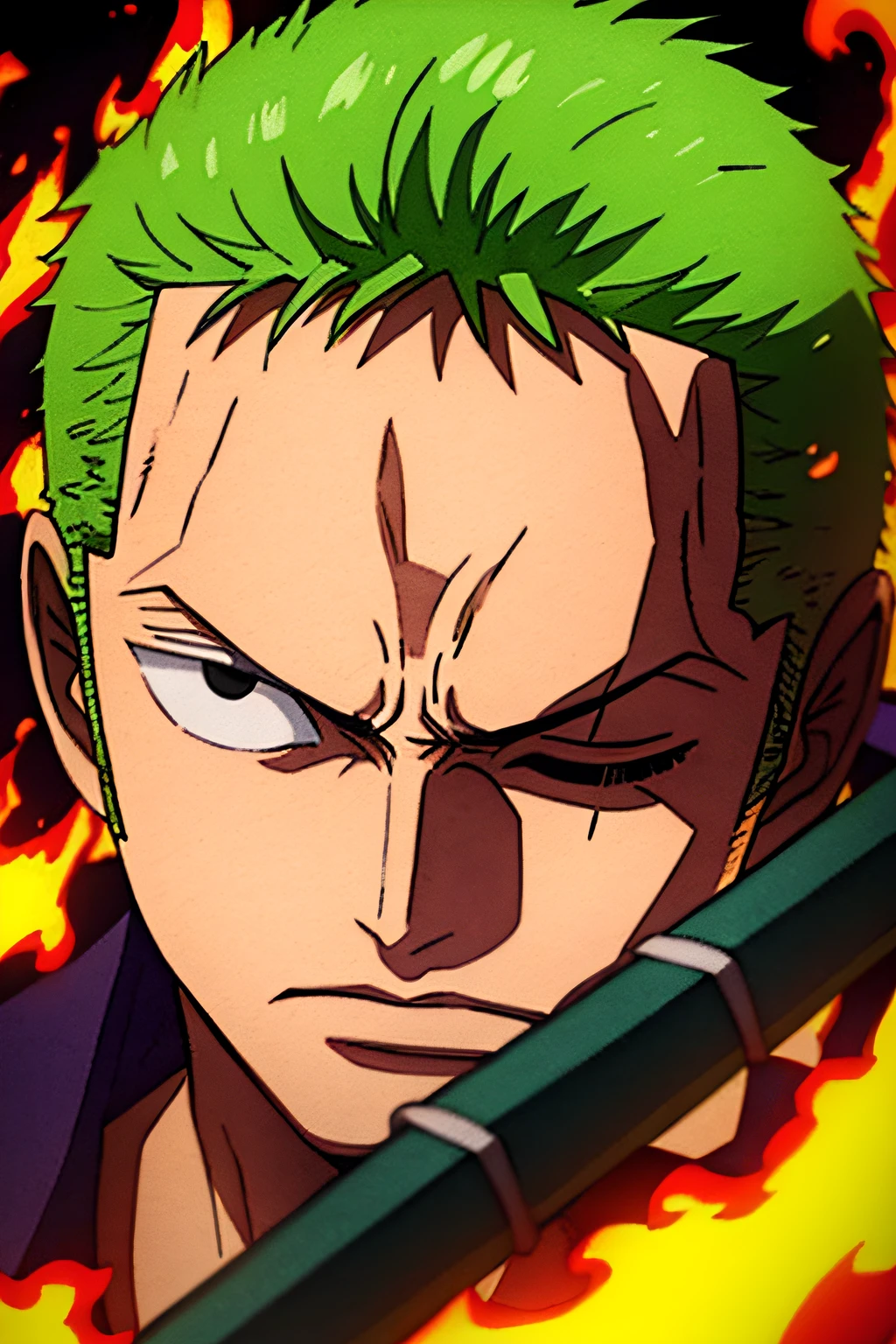 1boy, wanostyle, roronoa zoro, angry looking, katana,  (one eye closed),  scar across eye,  green hair. solo, upper body, (((masterpiece))), ((best quality)), (extremely detailed), watercolor, illustration, depth of field, sketch, dark intense shadows, sharp focus, soft lighting, hdr, colorful, good composition, fire all around, spectacular, black eyes, japanese clothes,