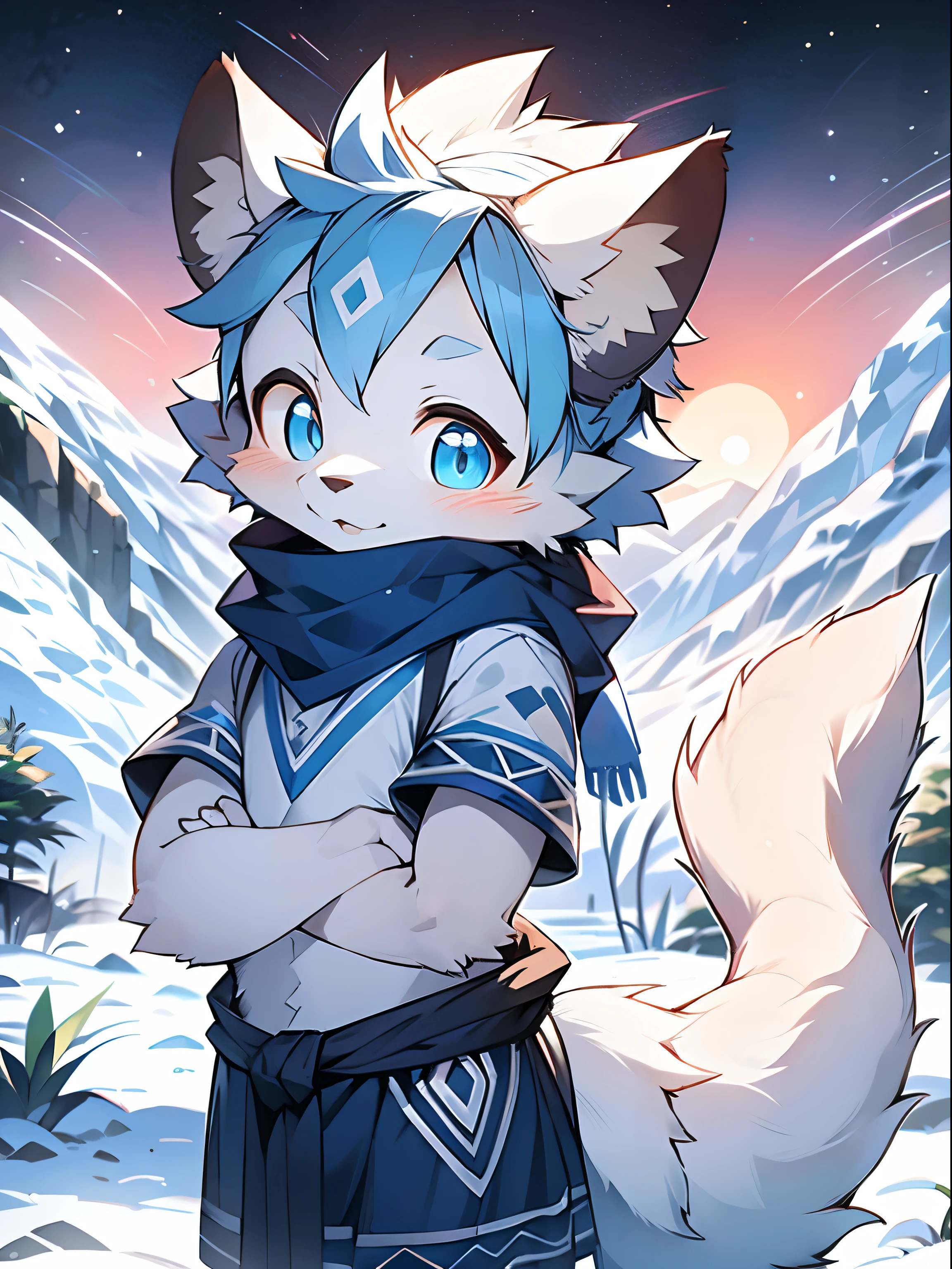 Break，Master masterpieces，A high resolution，8K，detailedbackground，high qulity，Break，Break，（White fur，Blue sclera，blue color eyes，Fluffy fur，Detailed fur）） hairy pubic， Broken， mascular，（ Libido boy，Shota） human - shaped，fig leaf,loincloth，Blue scarf，Background with(snow mountains，the setting sun)，独奏，Arctic Fox Boy，shoun